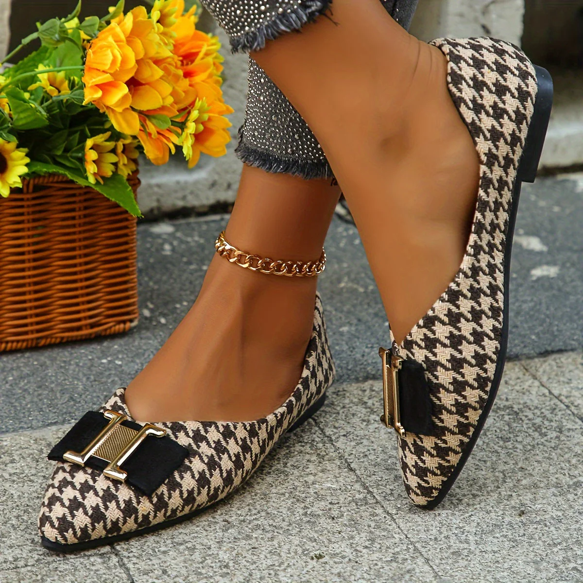 Ballerines femme à motif pied-de-poule chic et élégantes pour le quotidien - Image 3