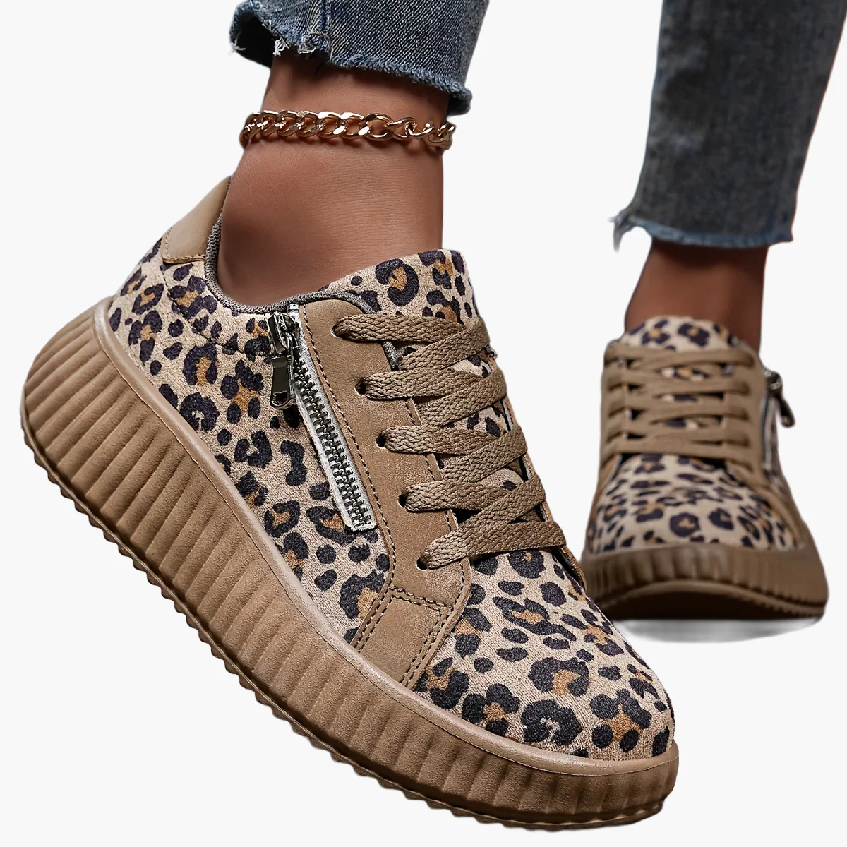 Baskets Femme Léopard Mode à Lacets avec Plateforme et Fermeture Éclair - Style Urbain Décontracté - Image 11