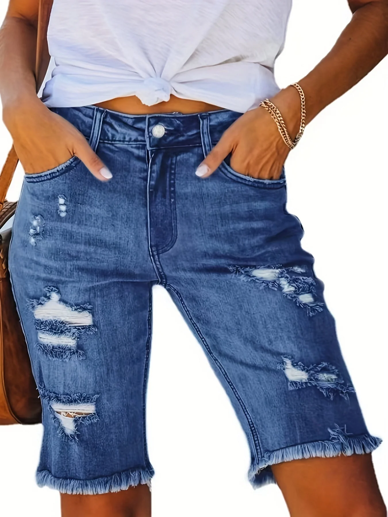 Bermuda décontracté déchiré pour femme – Style urbain tendance été - Image 7