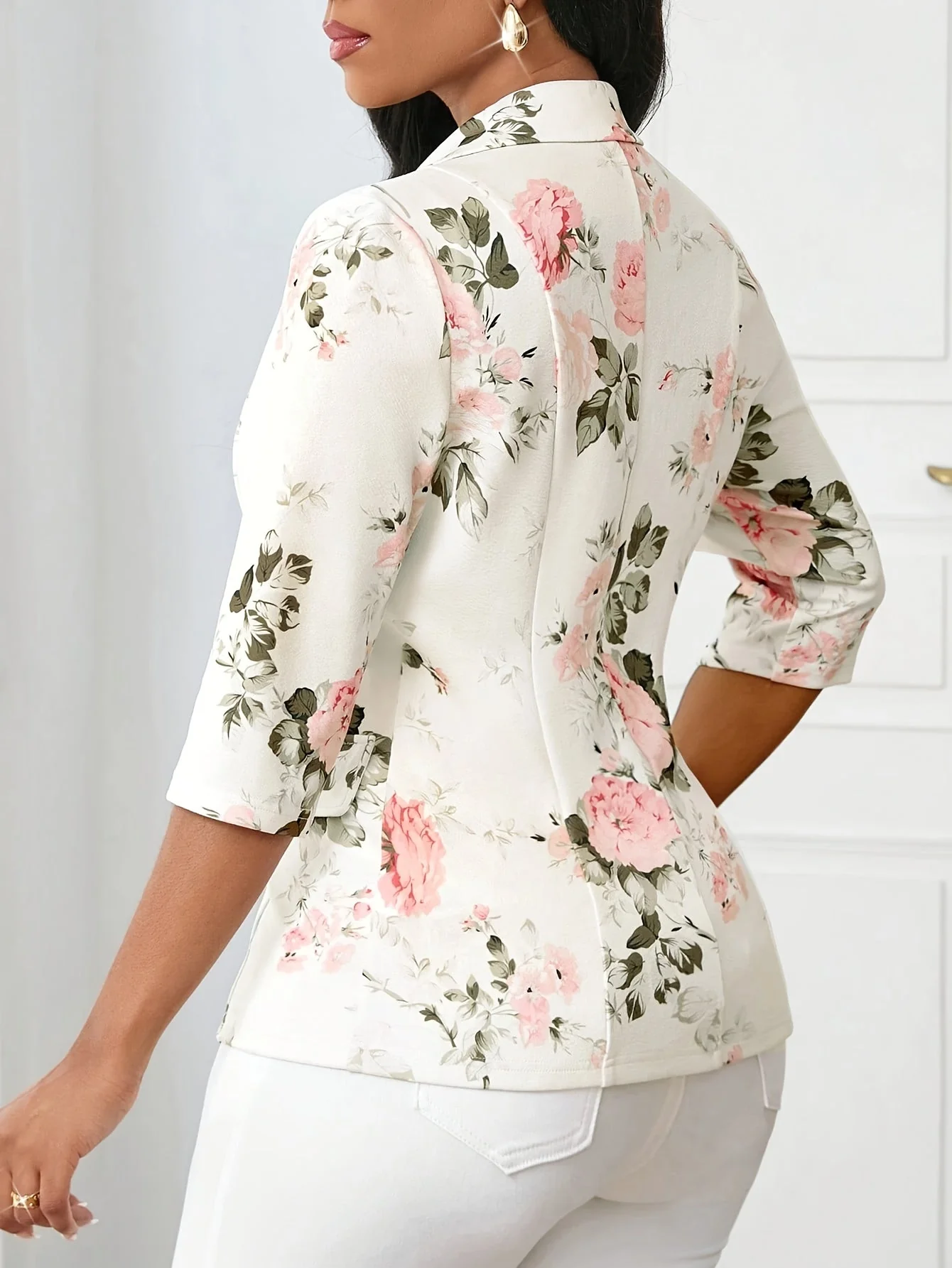 Blazer Femme Élégant à Imprimé Floral, Style Printemps Automne, Manches Trois-Quarts, Idéal pour Bureau et Sorties - Image 3