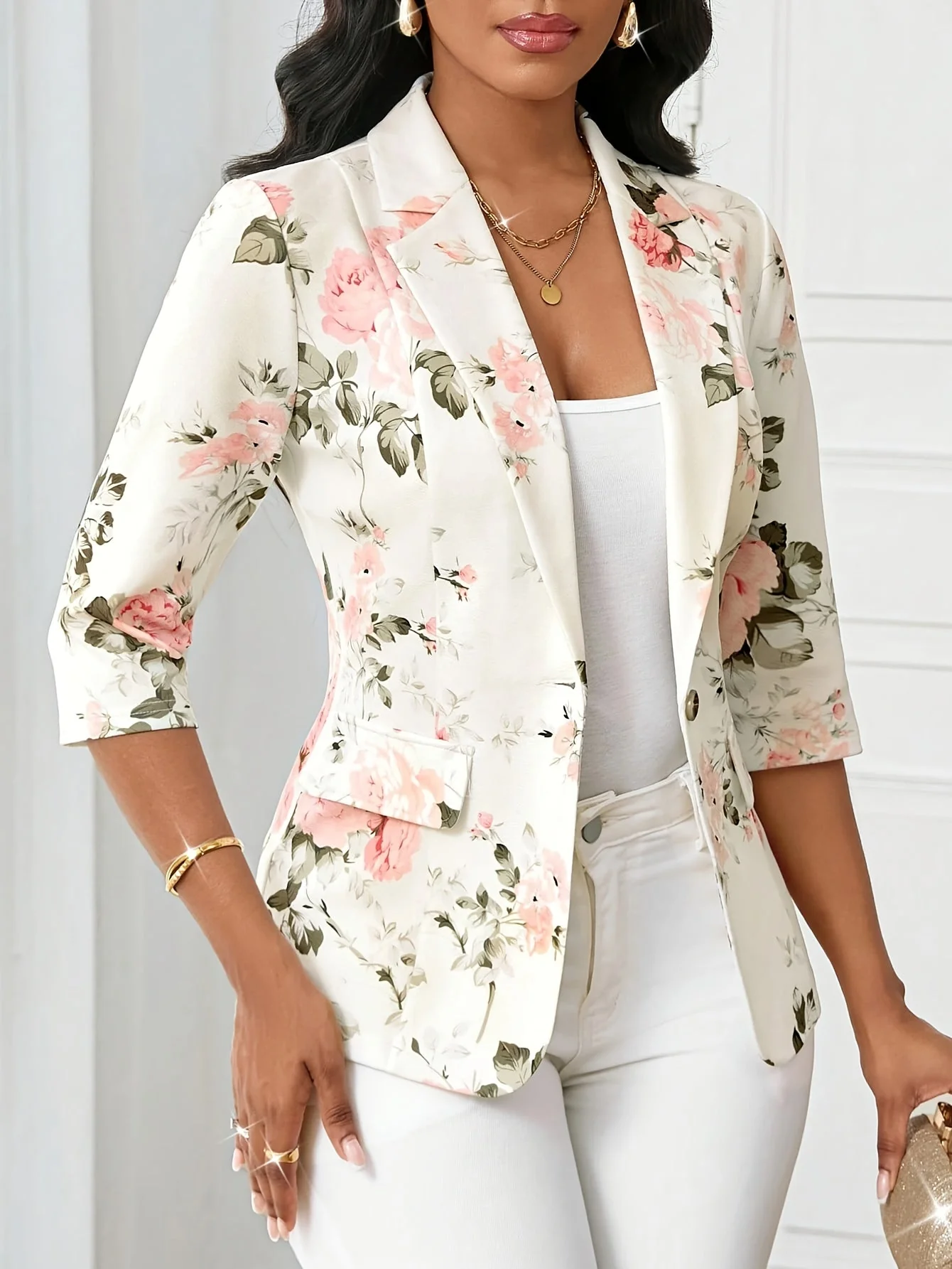 Blazer Femme Élégant à Imprimé Floral, Style Printemps Automne, Manches Trois-Quarts, Idéal pour Bureau et Sorties - Image 4