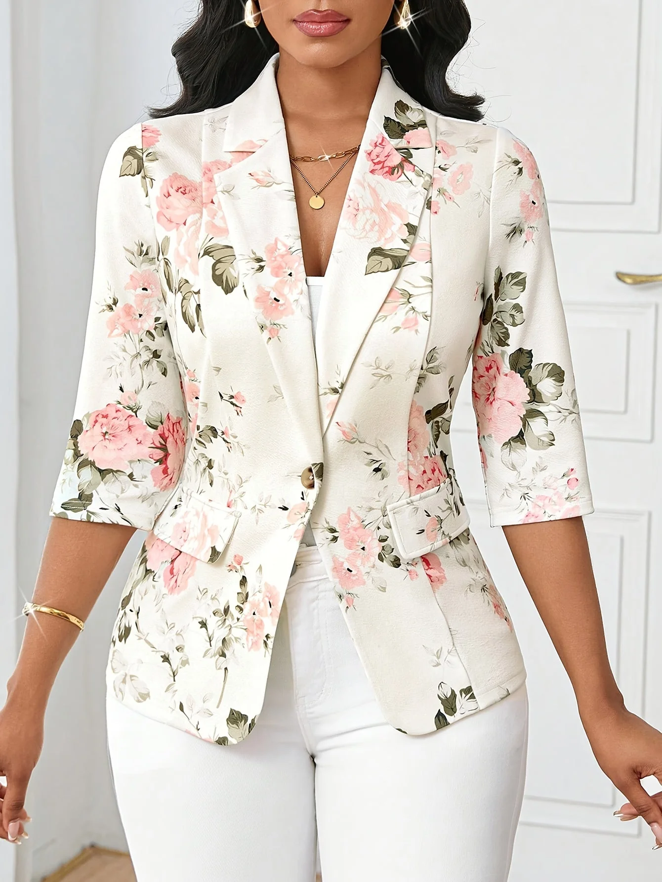 Blazer Femme Élégant à Imprimé Floral, Style Printemps Automne, Manches Trois-Quarts, Idéal pour Bureau et Sorties - Image 5