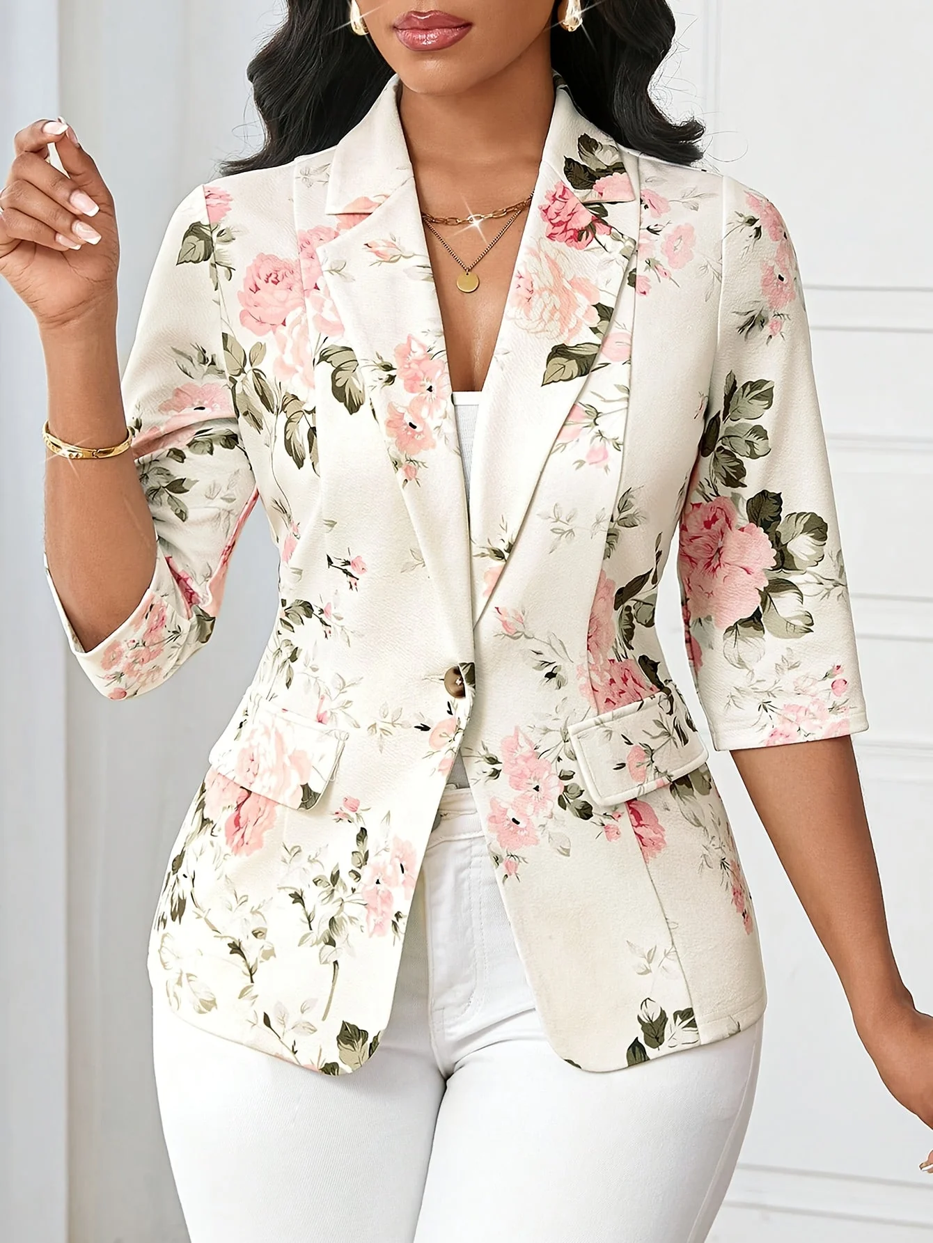 Blazer Femme Élégant à Imprimé Floral, Style Printemps Automne, Manches Trois-Quarts, Idéal pour Bureau et Sorties - Image 8
