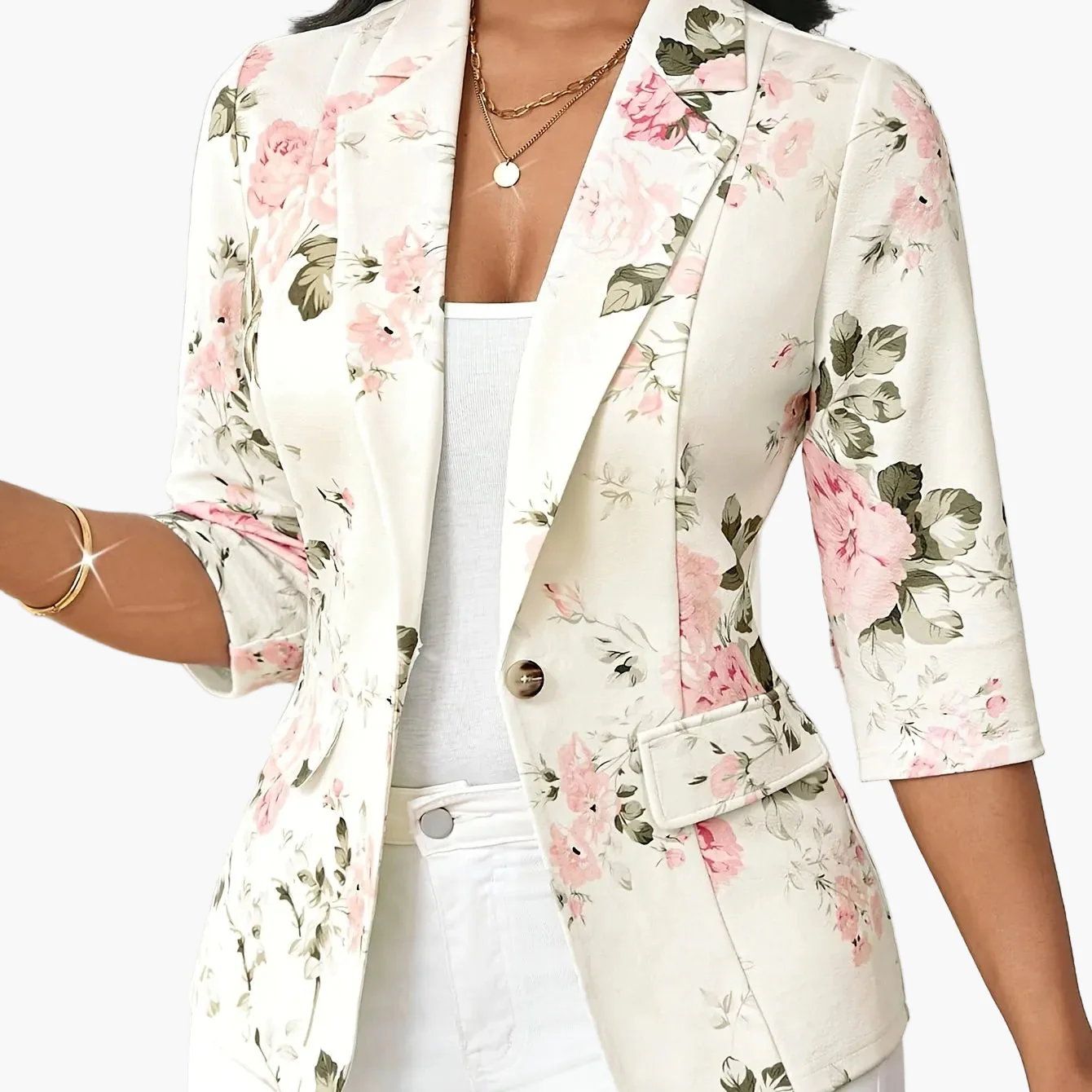 Blazer Femme Élégant à Imprimé Floral, Style Printemps Automne, Manches Trois-Quarts, Idéal pour Bureau et Sorties - Image 9