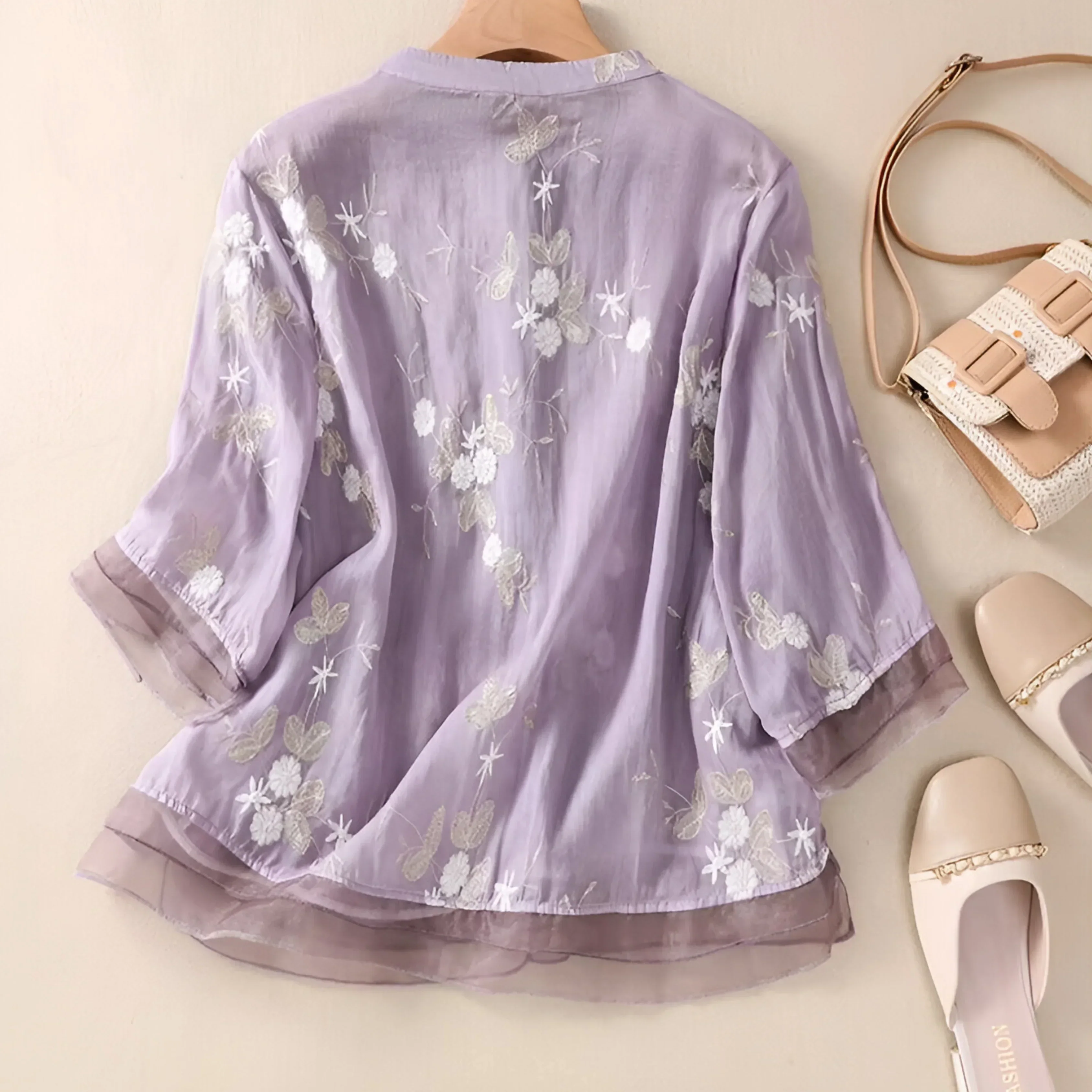 Blouse ample à broderies florales pour femme, style élégant et polyvalent - Image 2