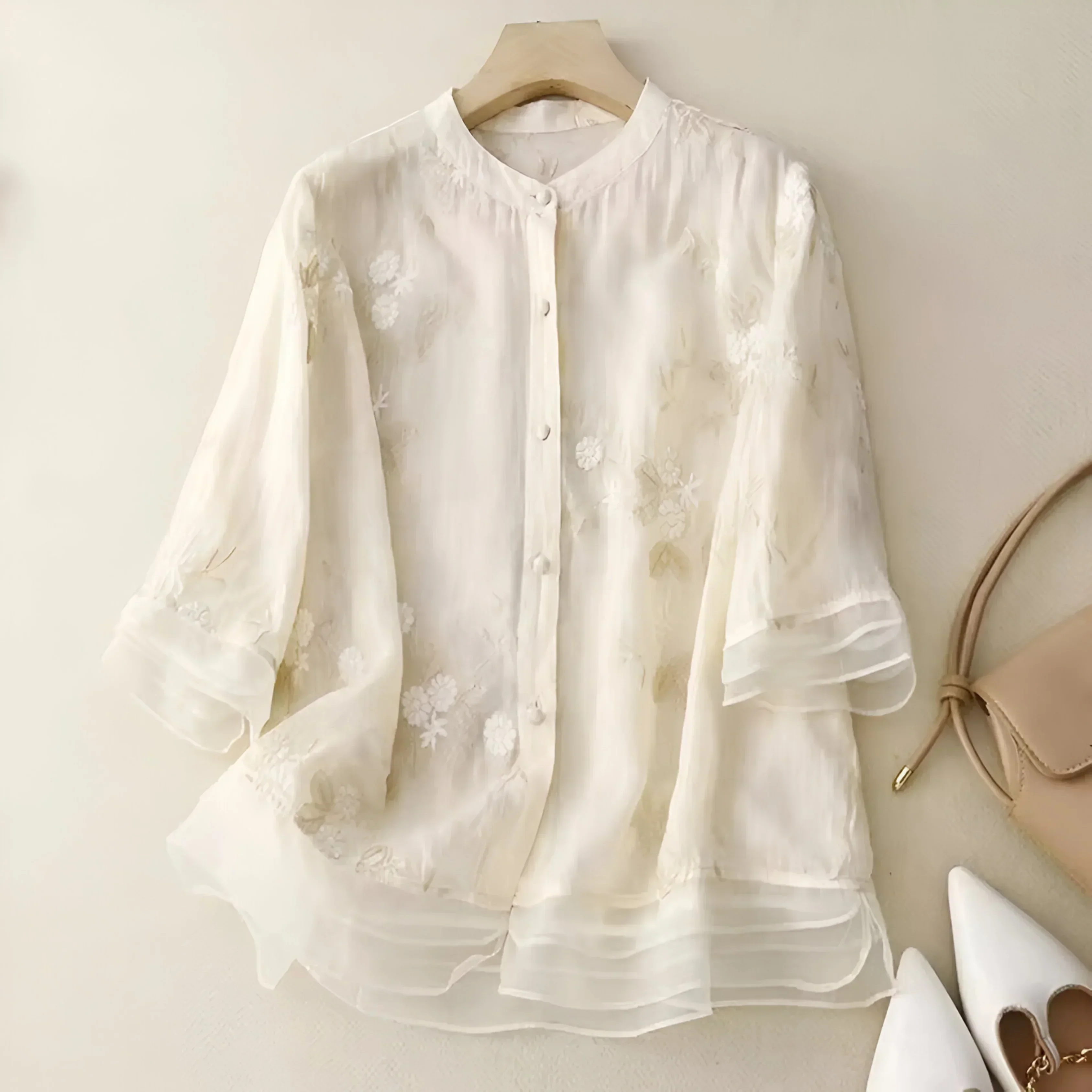 Blouse ample à broderies florales pour femme, style élégant et polyvalent - Image 5