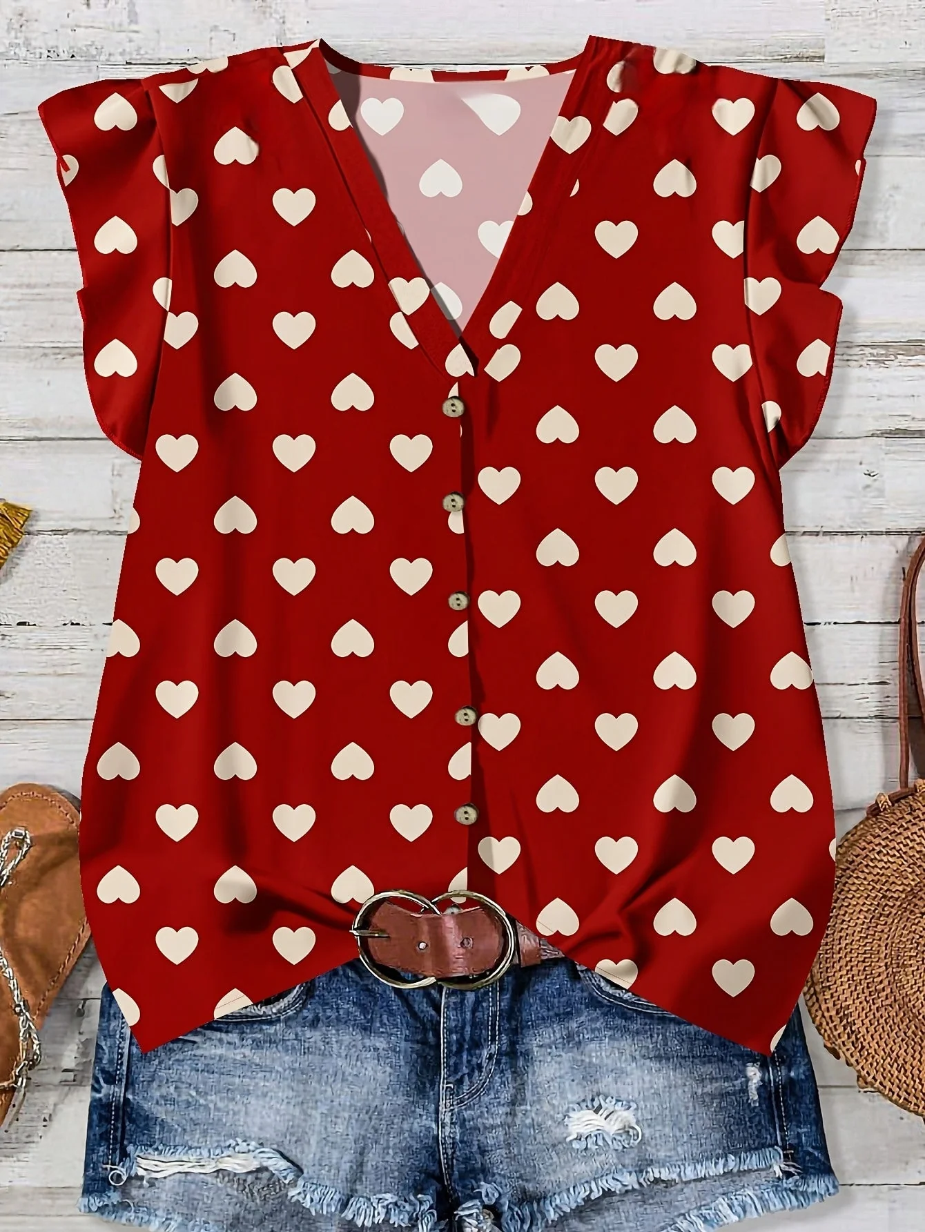 Blouse décontractée femme à imprimé cœurs, style estival, col en V, boutonnée - Image 2