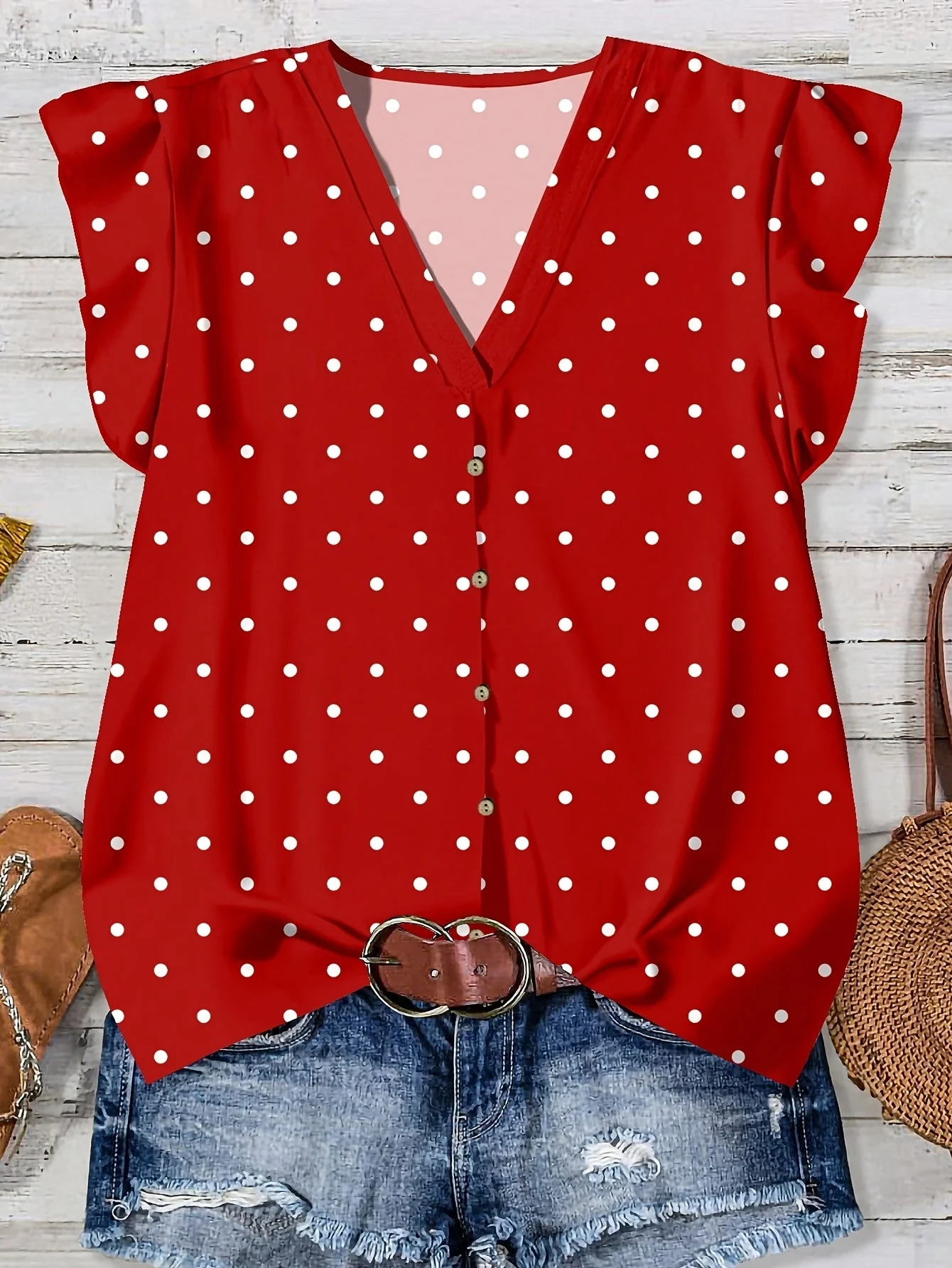 Blouse décontractée femme à imprimé cœurs, style estival, col en V, boutonnée - Image 3