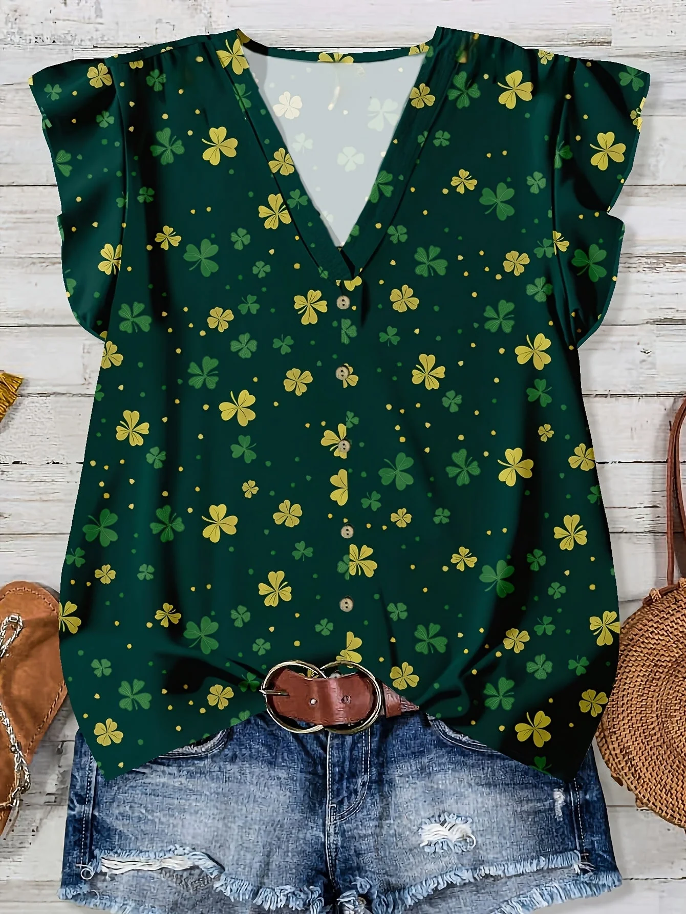 Blouse décontractée femme à imprimé cœurs, style estival, col en V, boutonnée - Image 4