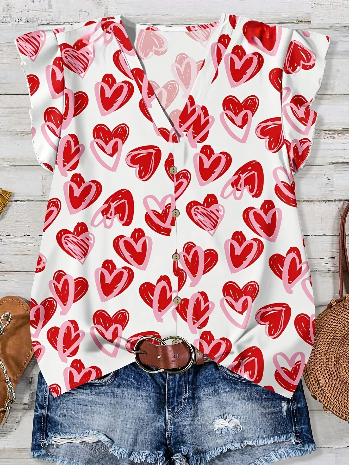 Blouse décontractée femme à imprimé cœurs, style estival, col en V, boutonnée - Image 5