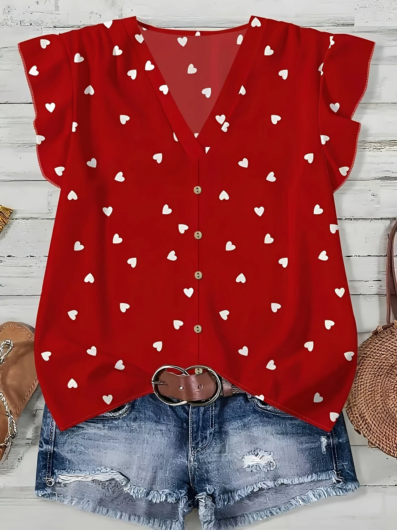 Blouse décontractée femme à imprimé cœurs, style estival, col en V, boutonnée - Image 6