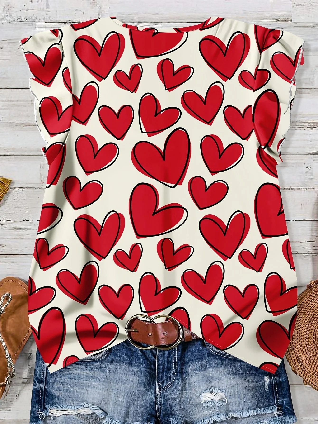 Blouse décontractée femme à imprimé cœurs, style estival, col en V, boutonnée - Image 7