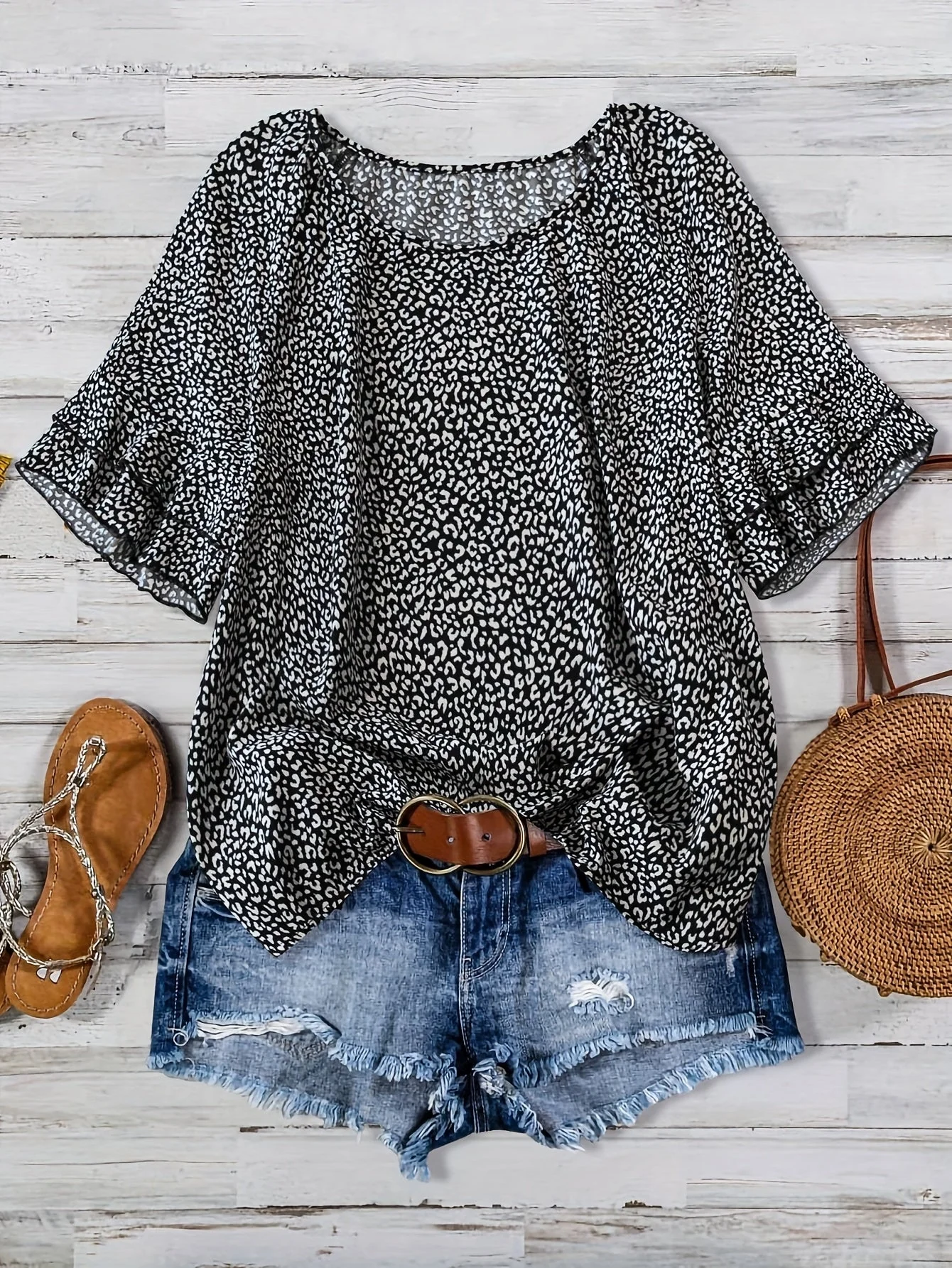 Blouse décontractée à imprimé léopard pour femme, style vacances, manches courtes avec volant - Image 2