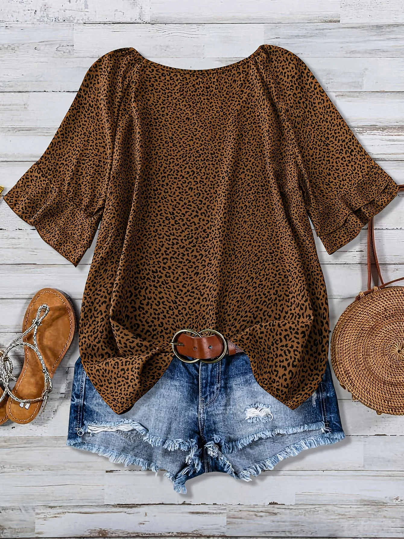 Blouse décontractée à imprimé léopard pour femme, style vacances, manches courtes avec volant - Image 5