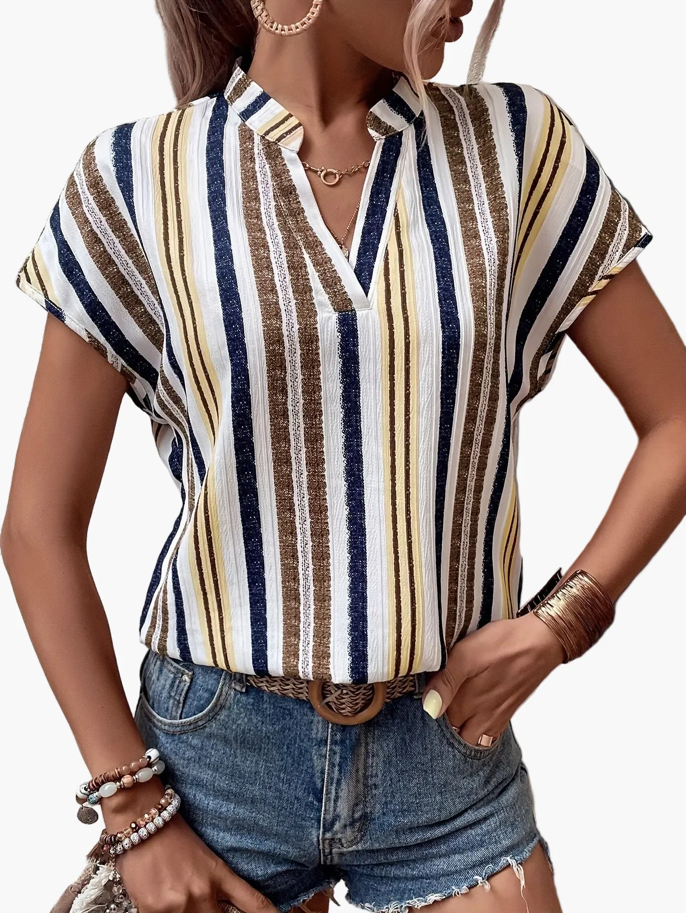 Blouse décontractée à rayures pour femme, col en V, manches courtes, style estival élégant - Image 6