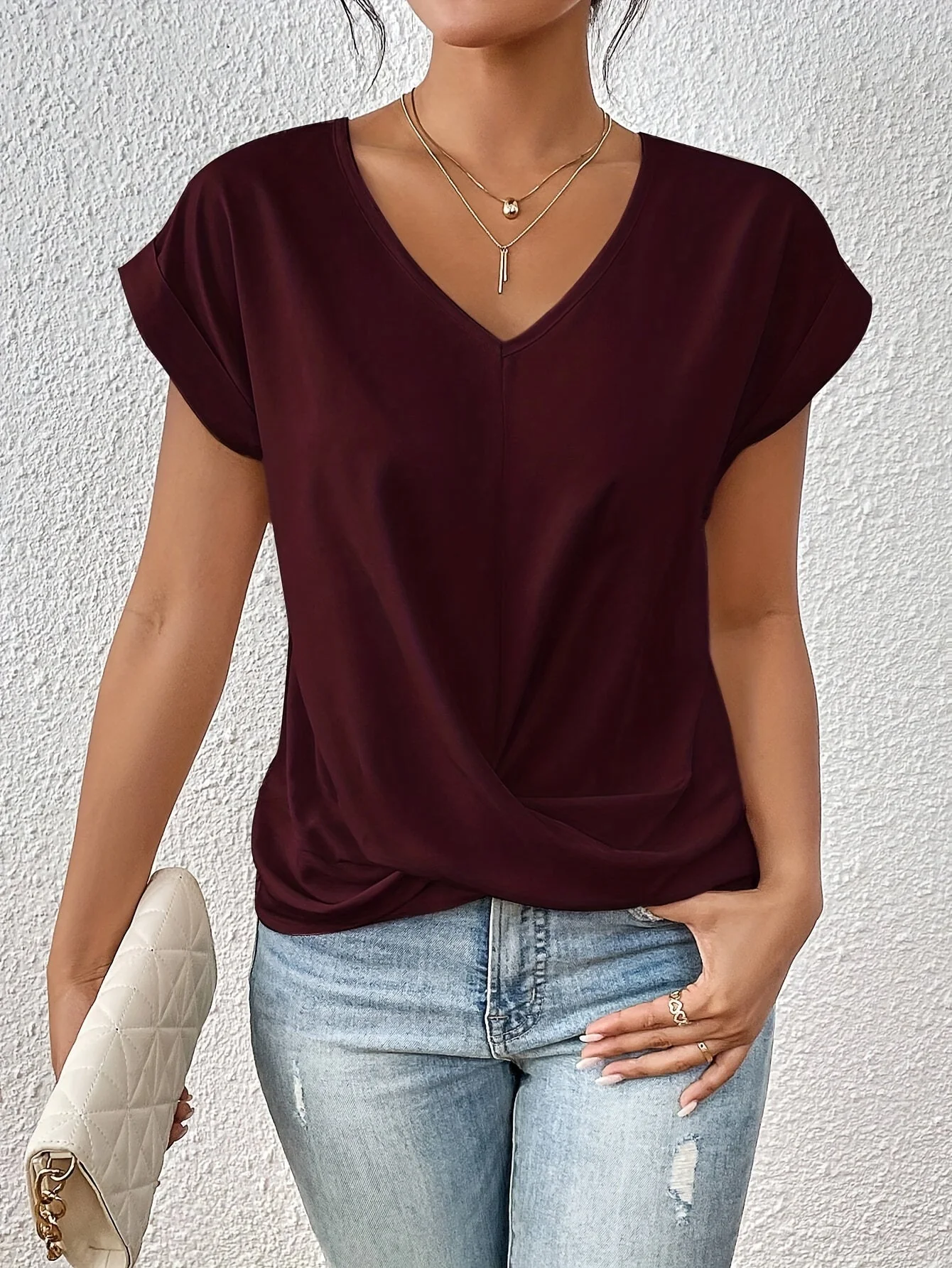 Blouse Élégante Femme Style Décontracté Col V Manches Courtes pour Bureau et Sorties - Image 2