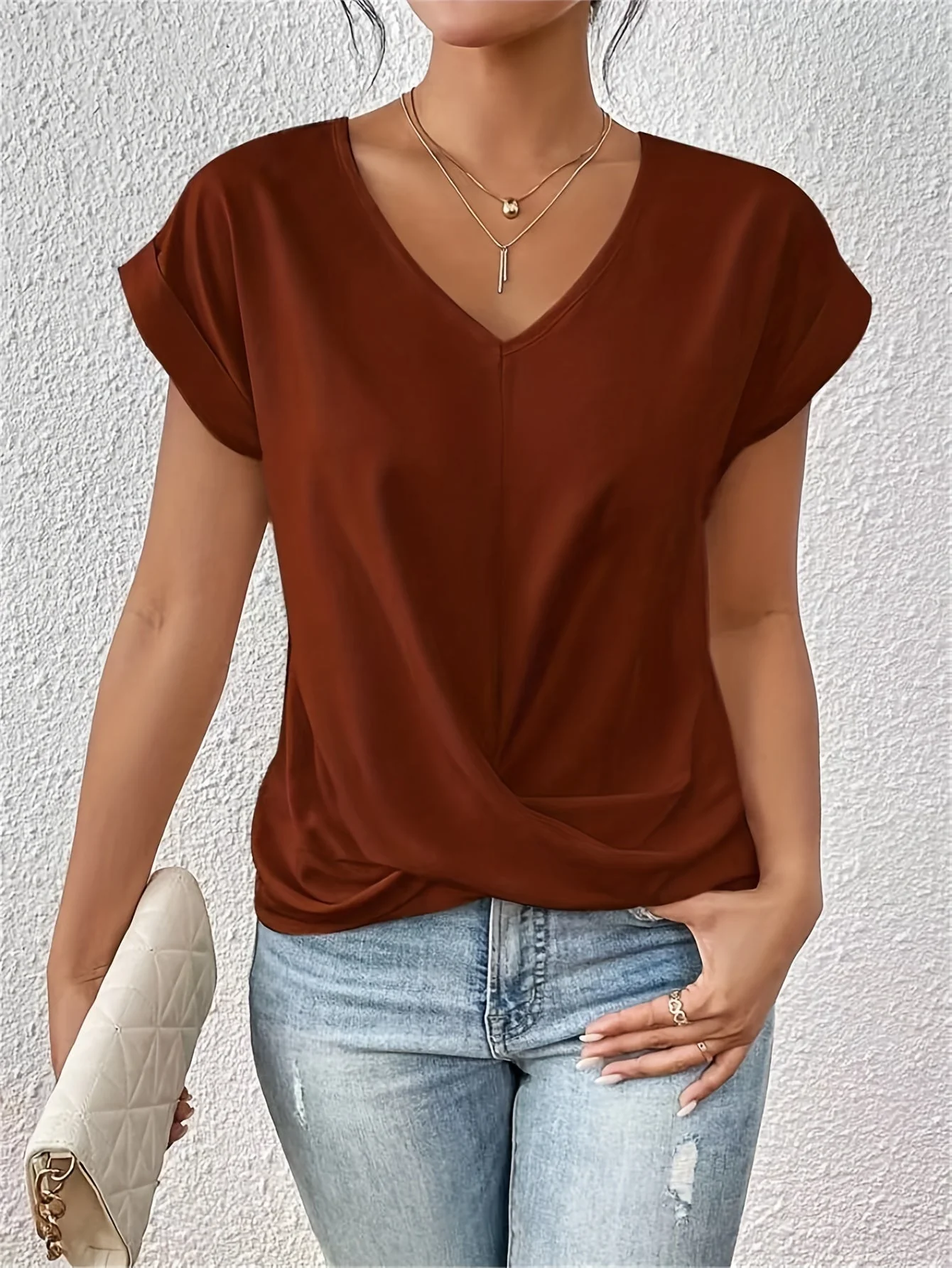 Blouse Élégante Femme Style Décontracté Col V Manches Courtes pour Bureau et Sorties - Image 3