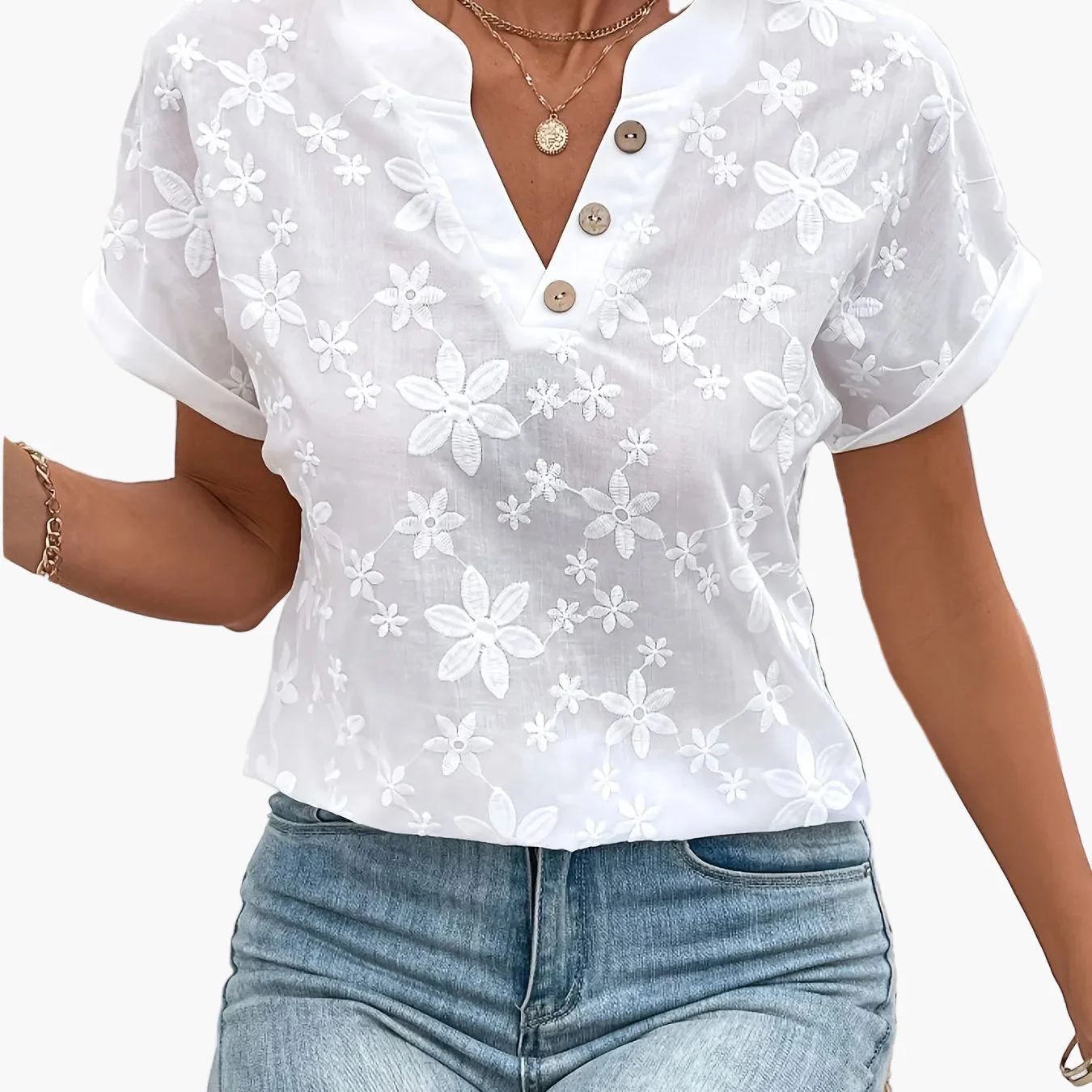 Blouse Femme Élégante à Broderie Florale et Boutons, Style Estival Décontracté - Image 10