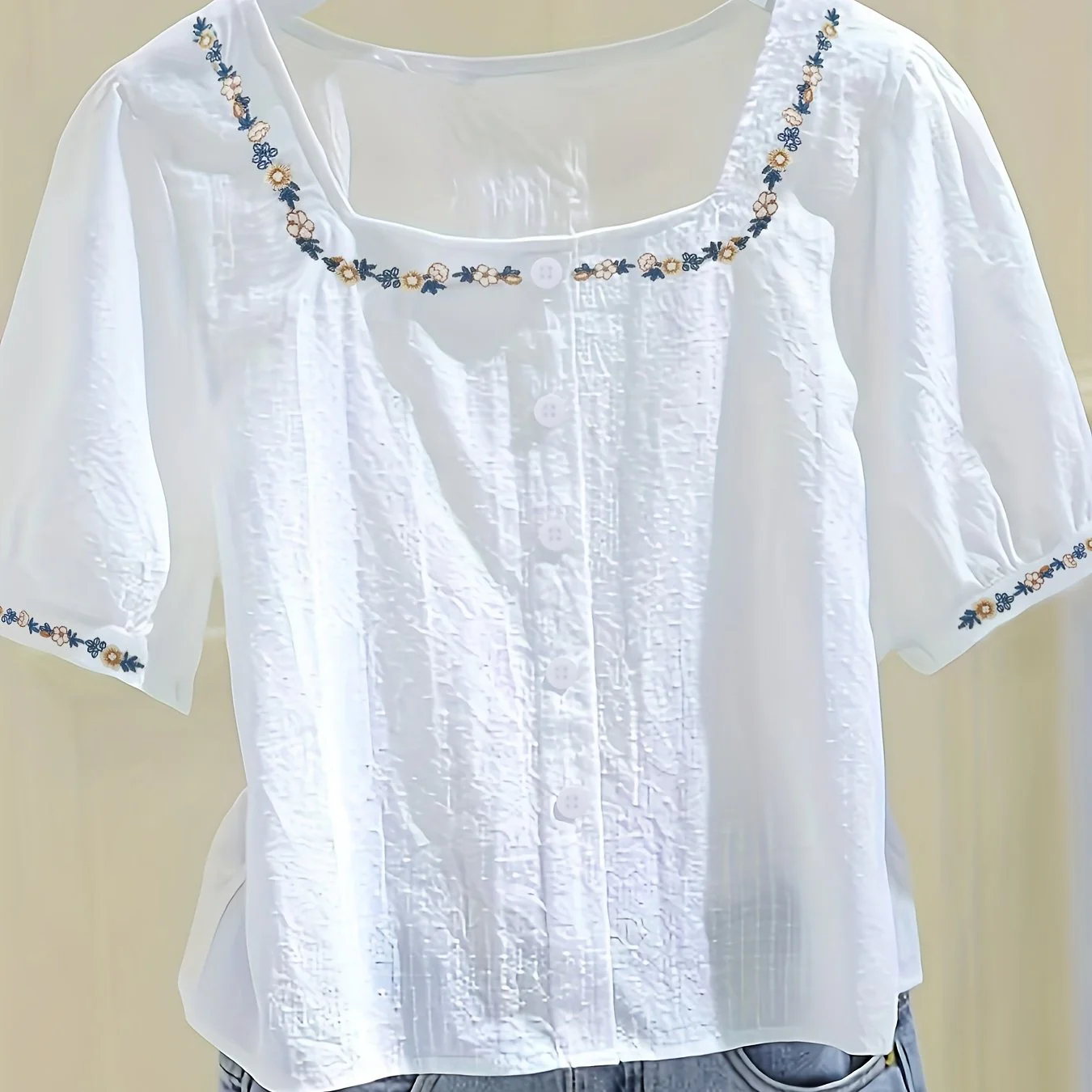 Blouse femme élégante à col carré et broderies florales, style décontracté printemps-été - Image 11