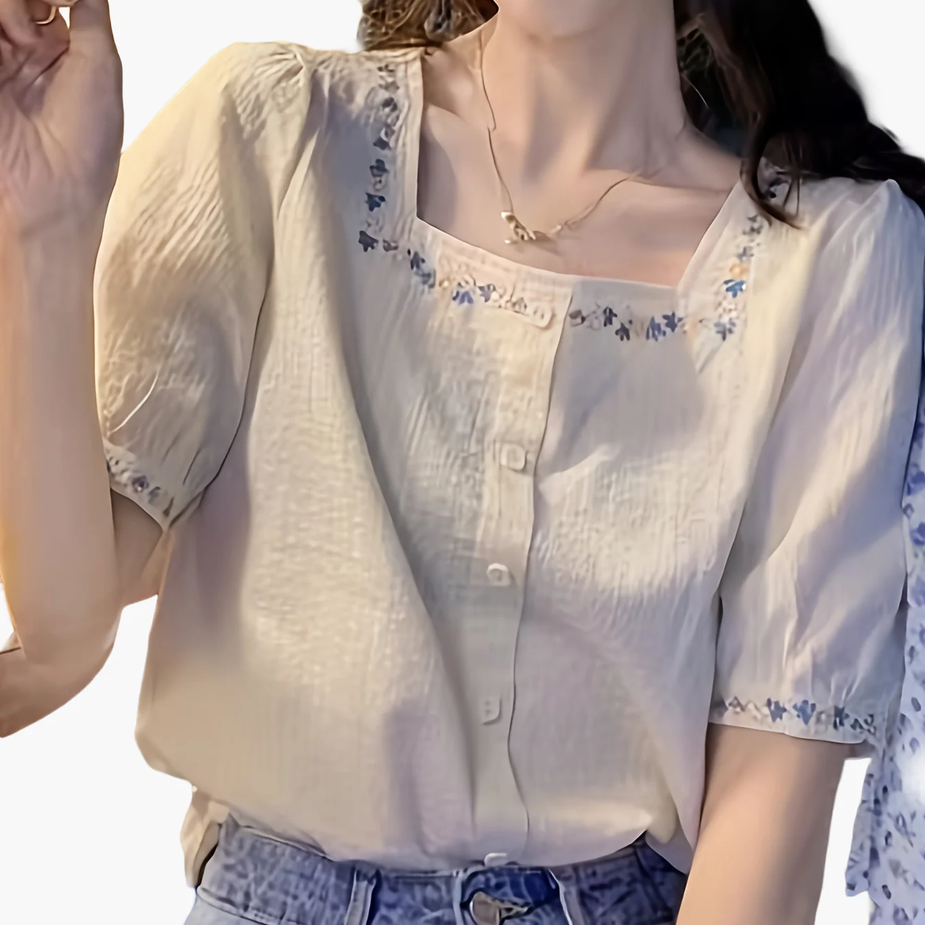 Blouse femme élégante à col carré et broderies florales, style décontracté printemps-été - Image 12