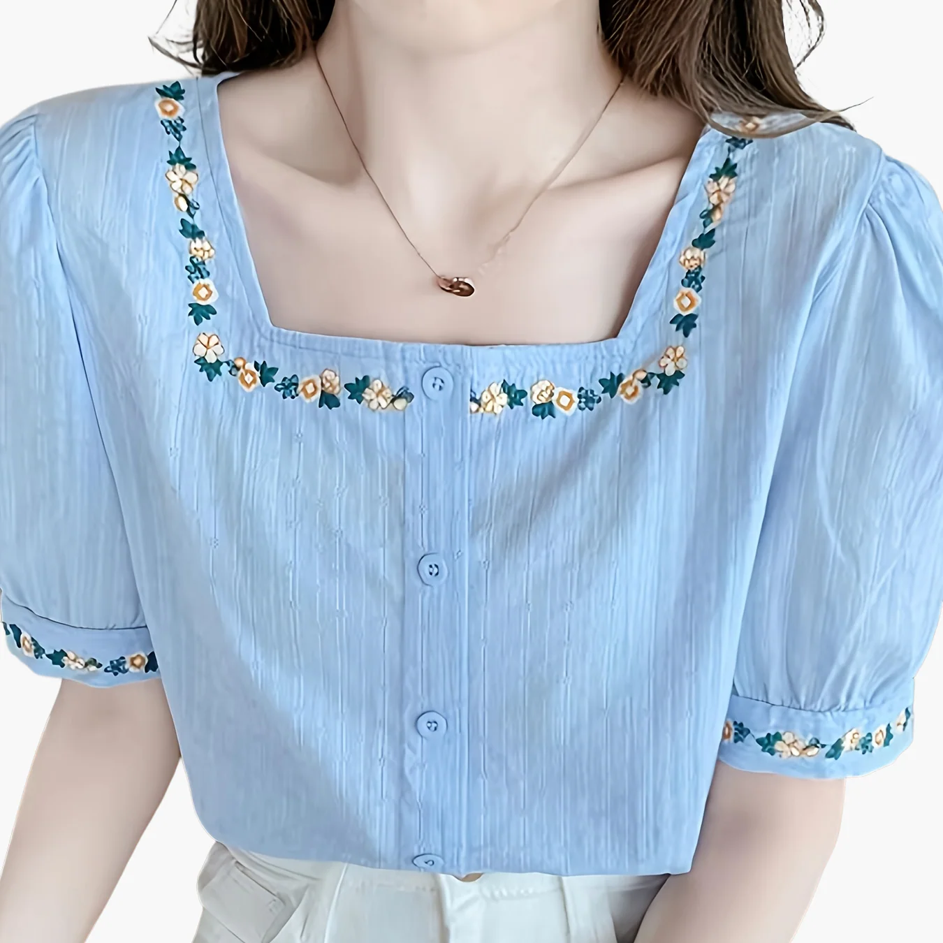Blouse femme élégante à col carré et broderies florales, style décontracté printemps-été - Image 13
