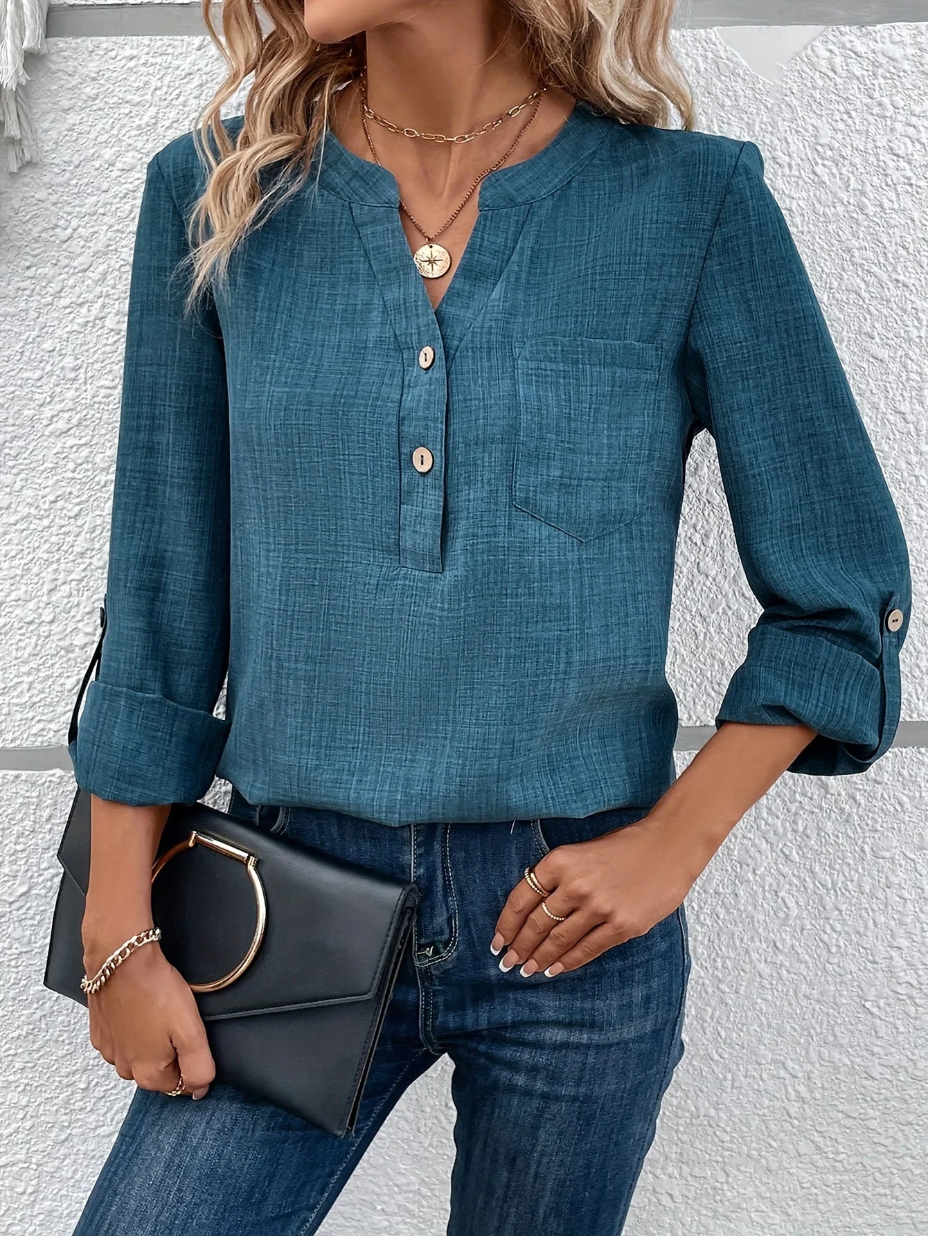 Blouse Femme Élégante Col V Boutonnée Style Décontracté avec Poche – Idéale pour le Quotidien et le Bureau - Image 5