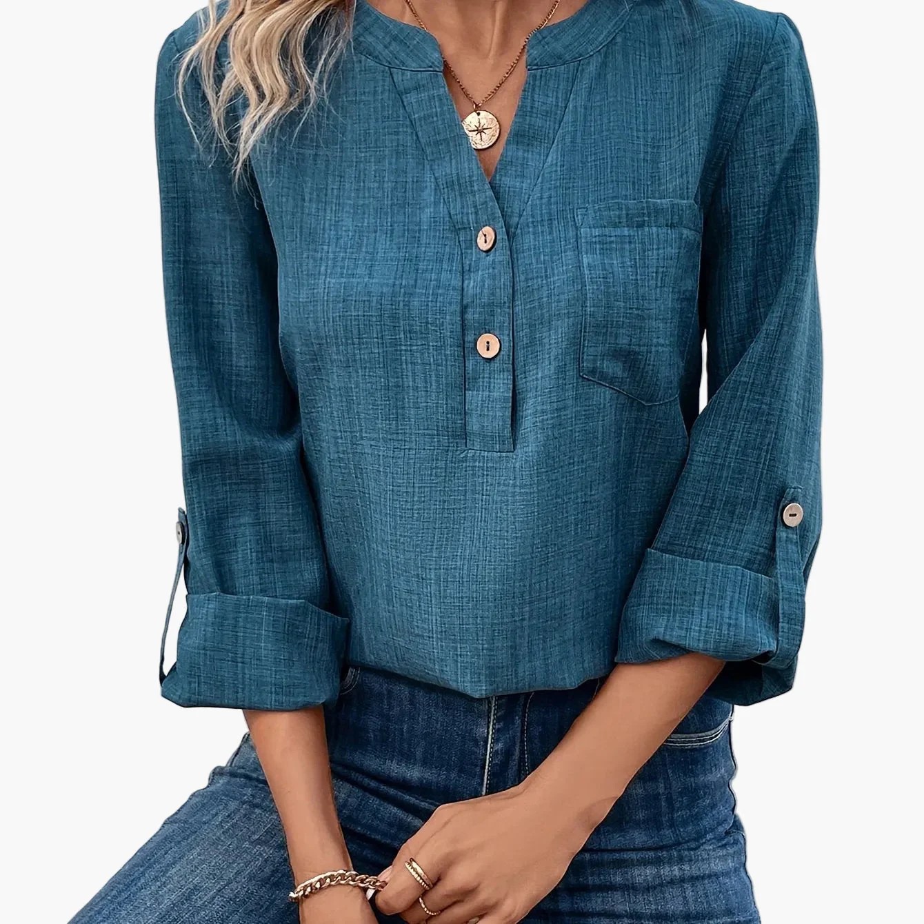 Blouse Femme Élégante Col V Boutonnée Style Décontracté avec Poche – Idéale pour le Quotidien et le Bureau - Image 7