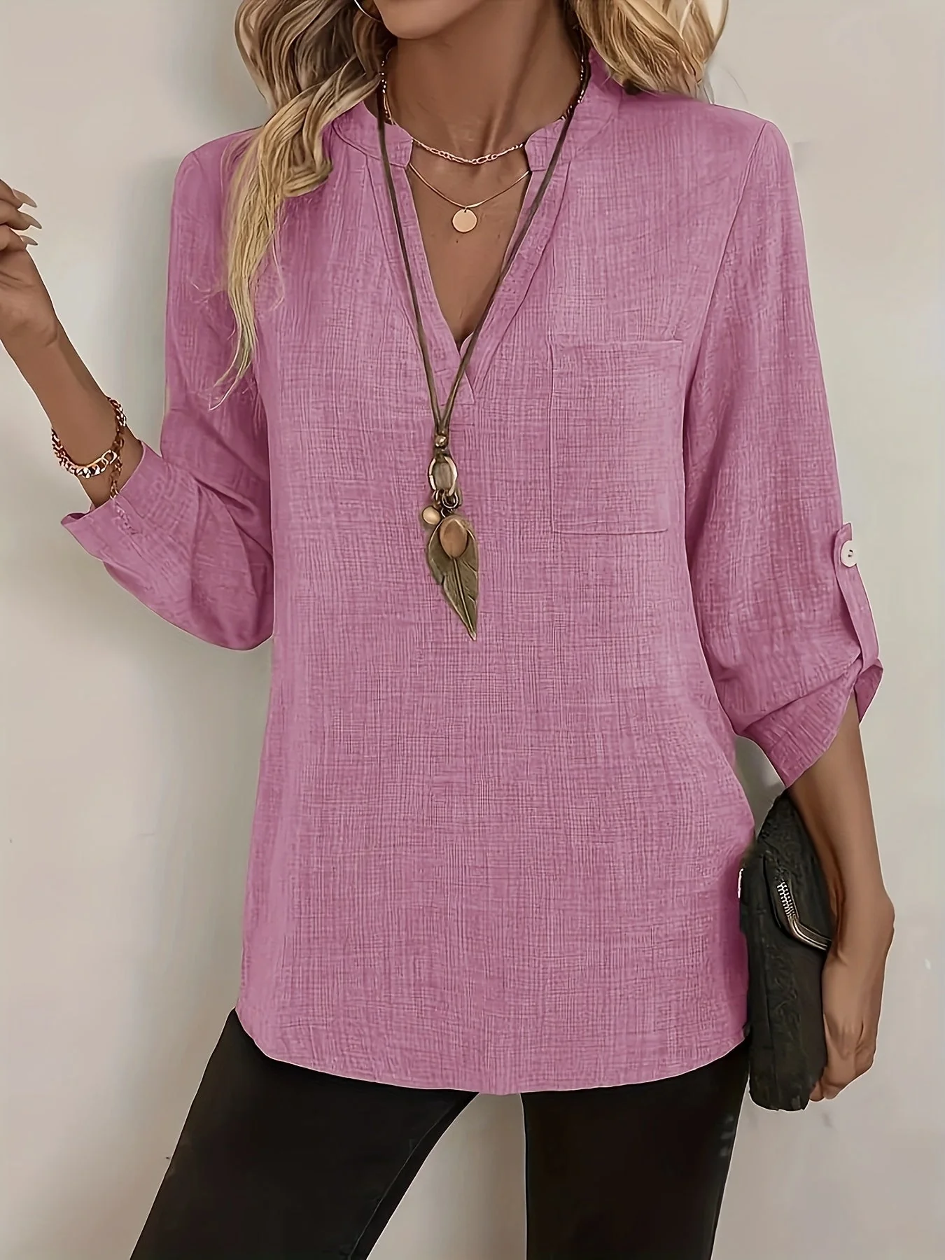 Blouse Femme Élégante Décontractée à Manches Longues et Col en V pour le Quotidien ou le Bureau - Image 5