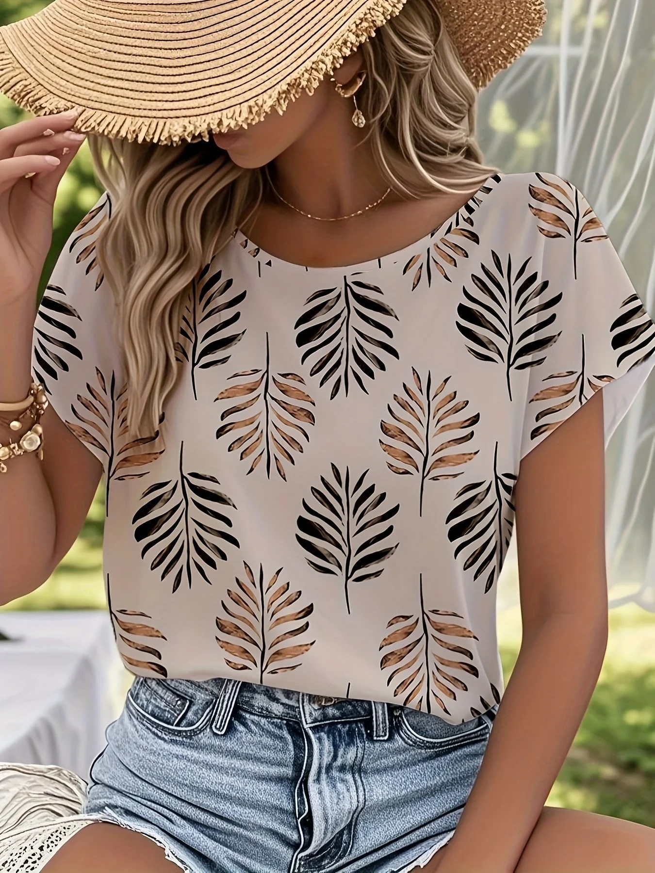 Blouse Femme Élégante à Imprimé Feuilles Style Printanier Été – Idéal pour Sorties Décontractées - Image 2