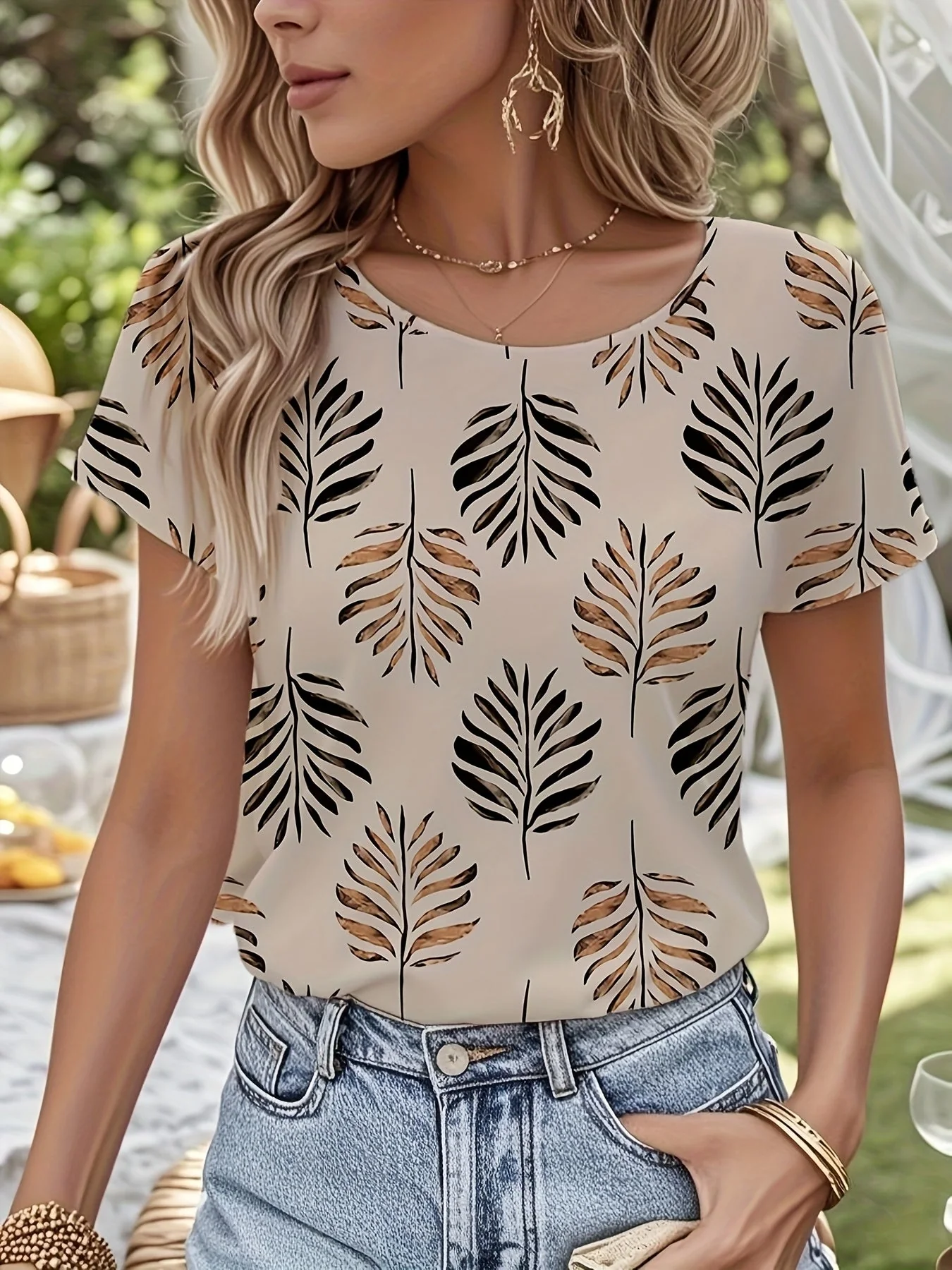 Blouse Femme Élégante à Imprimé Feuilles Style Printanier Été – Idéal pour Sorties Décontractées - Image 5