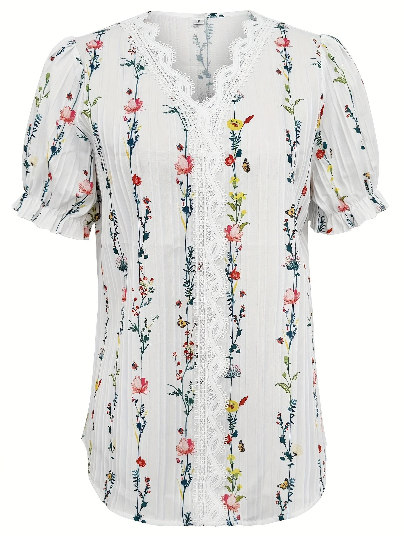 Blouse Femme Élégante à Manches Courtes, Col Volanté, Imprimé Floral, Style Décontracté Chic - Image 2