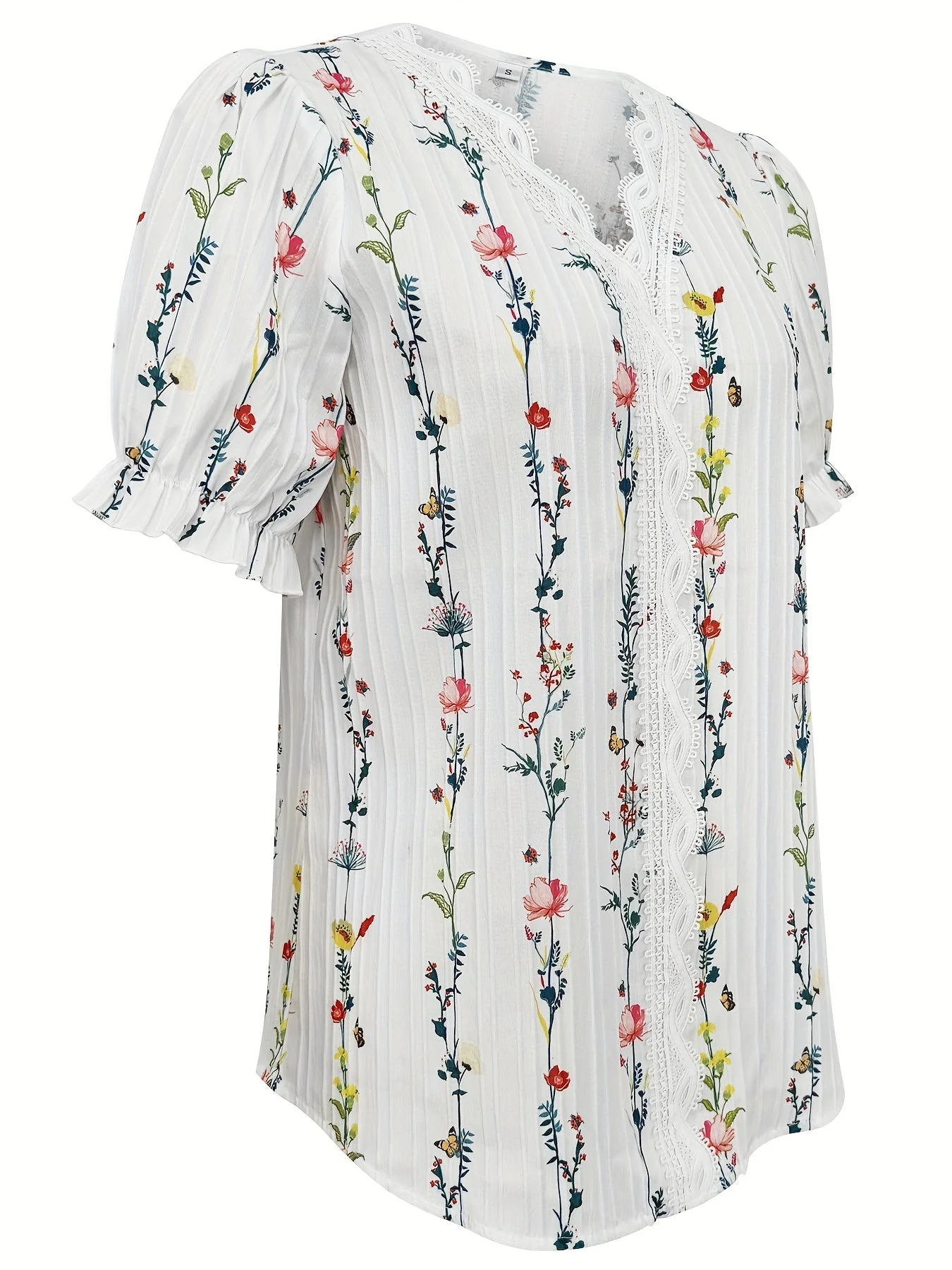 Blouse Femme Élégante à Manches Courtes, Col Volanté, Imprimé Floral, Style Décontracté Chic - Image 4