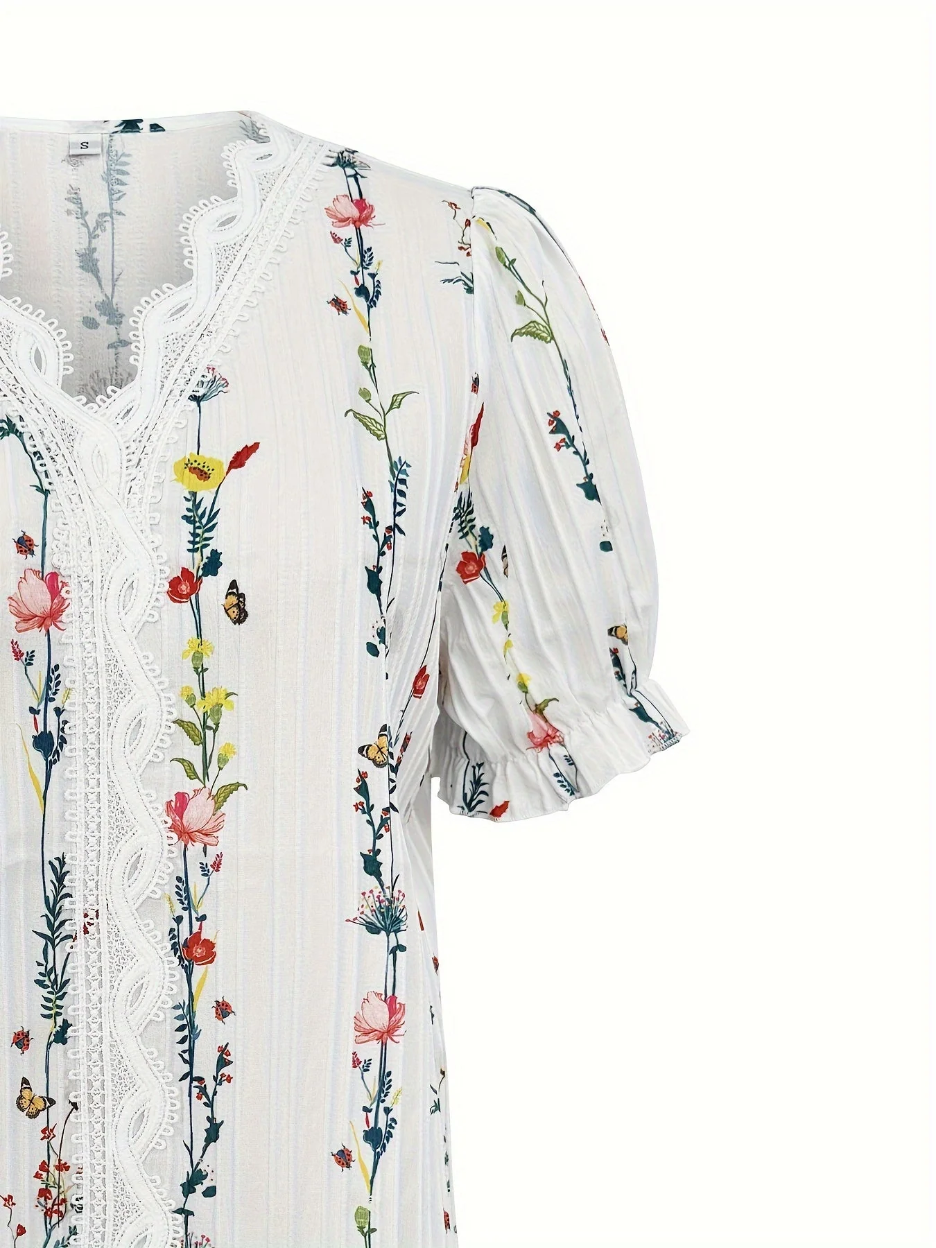 Blouse Femme Élégante à Manches Courtes, Col Volanté, Imprimé Floral, Style Décontracté Chic - Image 5