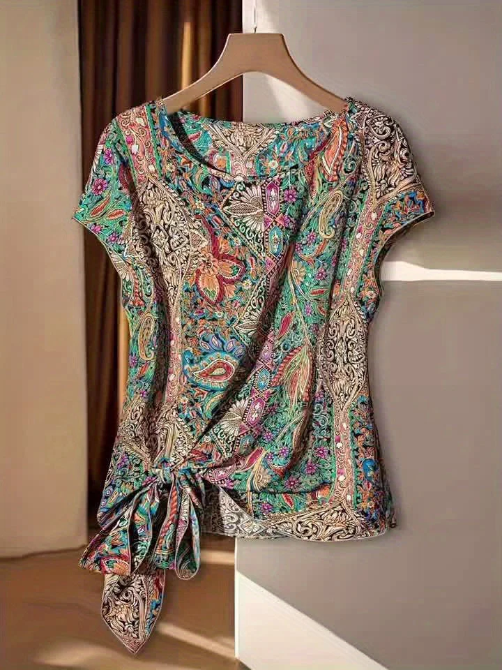 Blouse Femme Élégante à Motif Bohème pour Printemps/Été, Style Asymétrique avec Noeud Décoratif - Image 10