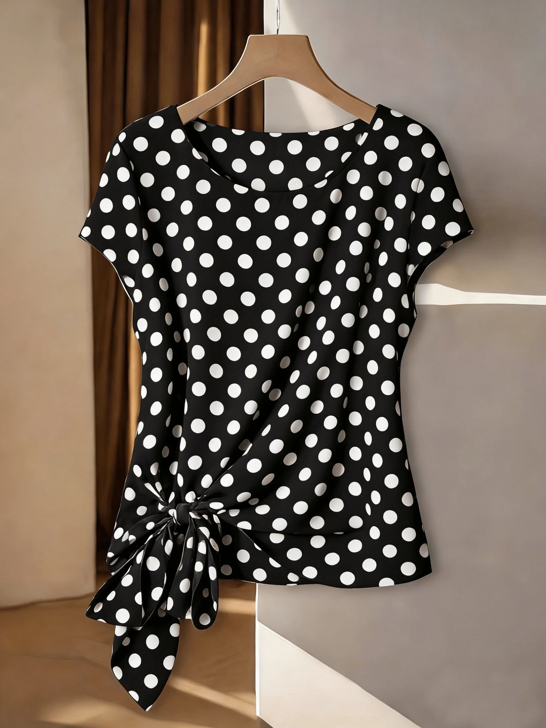 Blouse Femme Élégante à Motif Bohème pour Printemps/Été, Style Asymétrique avec Noeud Décoratif - Image 2