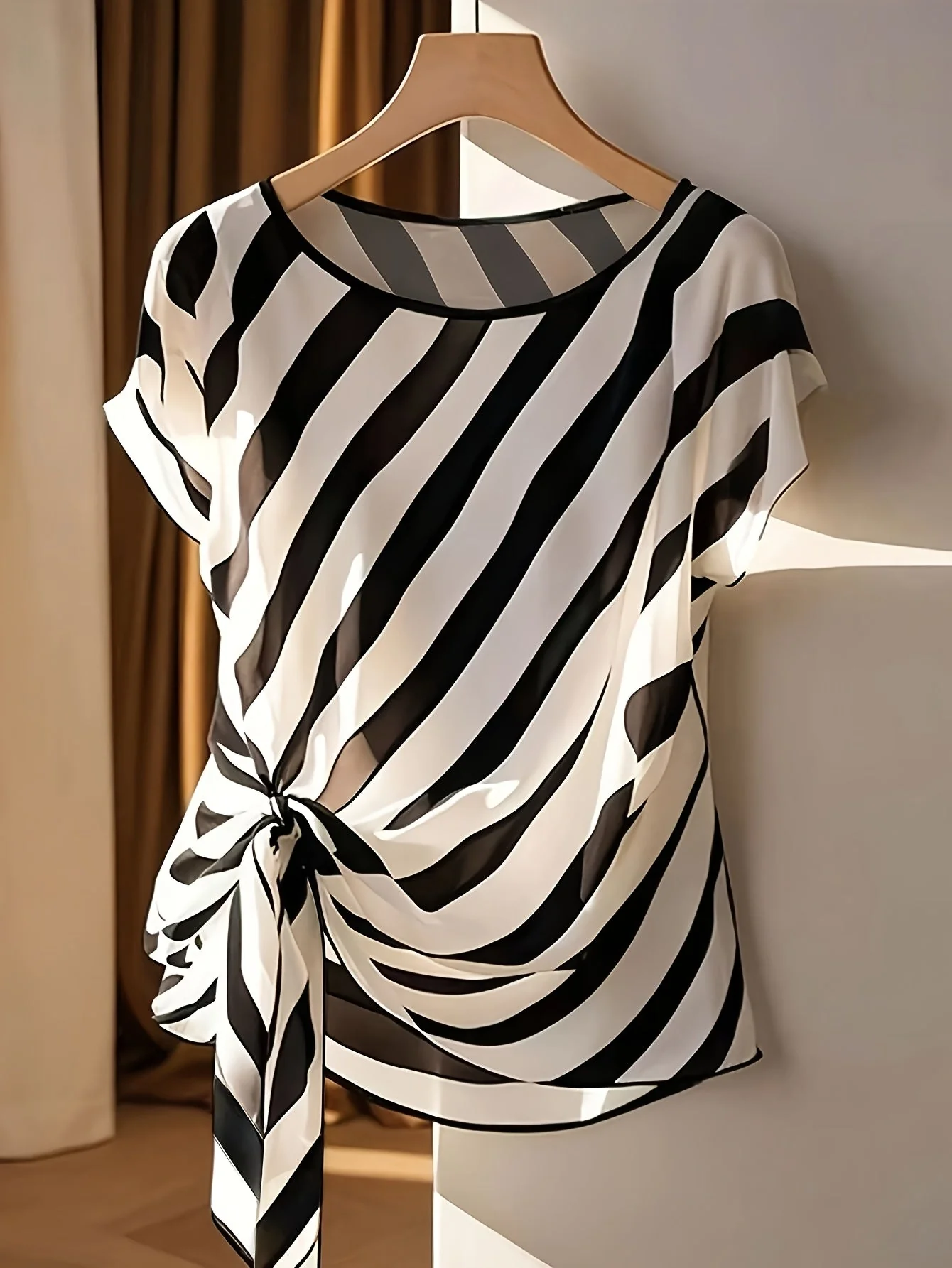 Blouse Femme Élégante à Motif Bohème pour Printemps/Été, Style Asymétrique avec Noeud Décoratif - Image 4