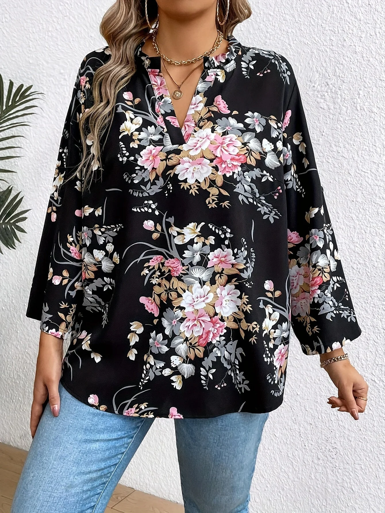 Blouse Femme Élégante à Motif Floral Manches Longues Col V Décontractée - Image 4