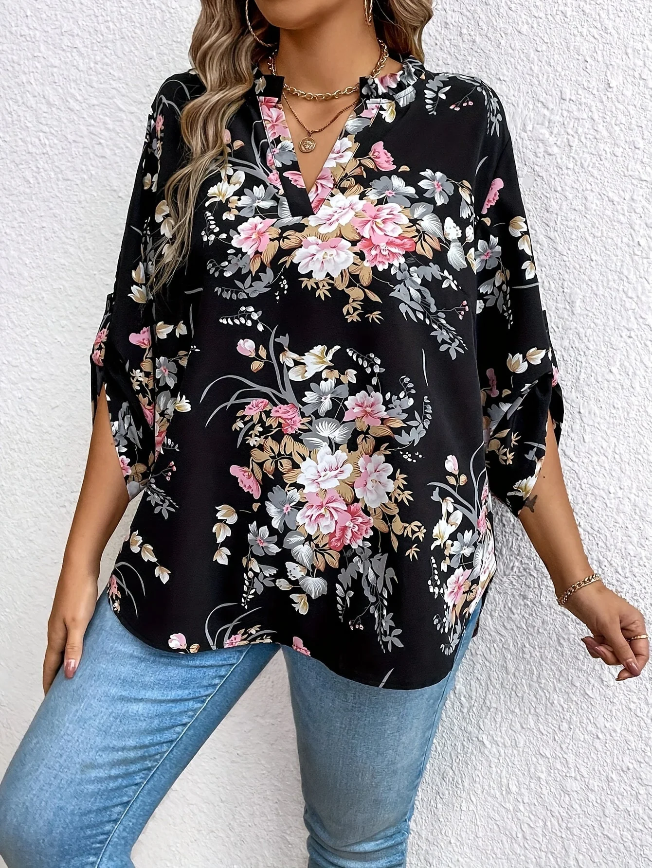 Blouse Femme Élégante à Motif Floral Manches Longues Col V Décontractée - Image 5