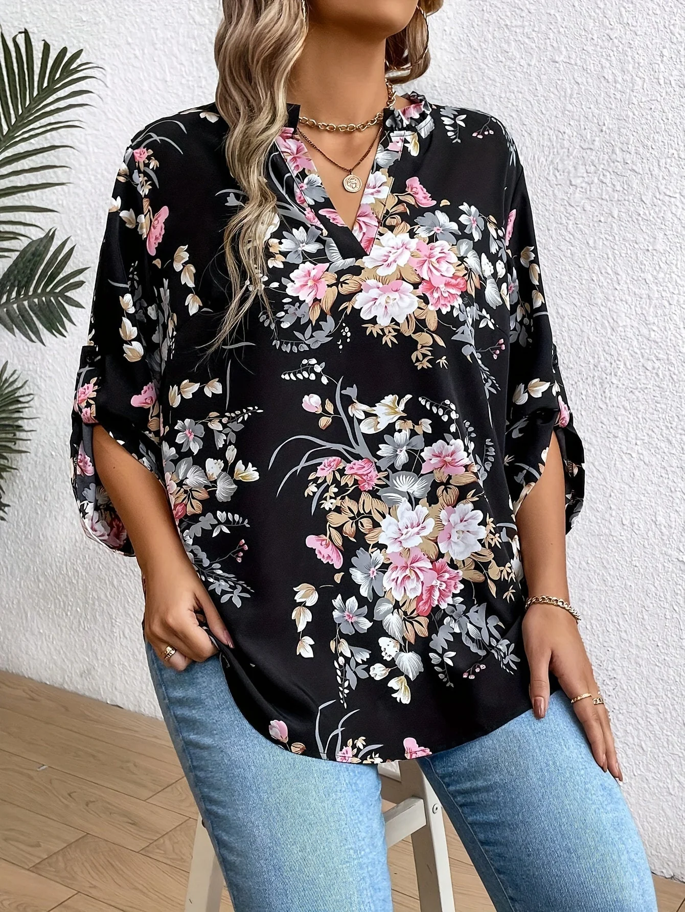 Blouse Femme Élégante à Motif Floral Manches Longues Col V Décontractée - Image 6