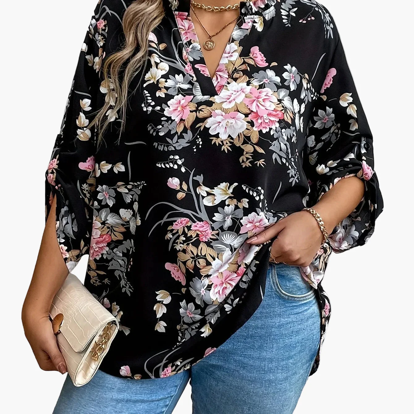 Blouse Femme Élégante à Motif Floral Manches Longues Col V Décontractée - Image 7