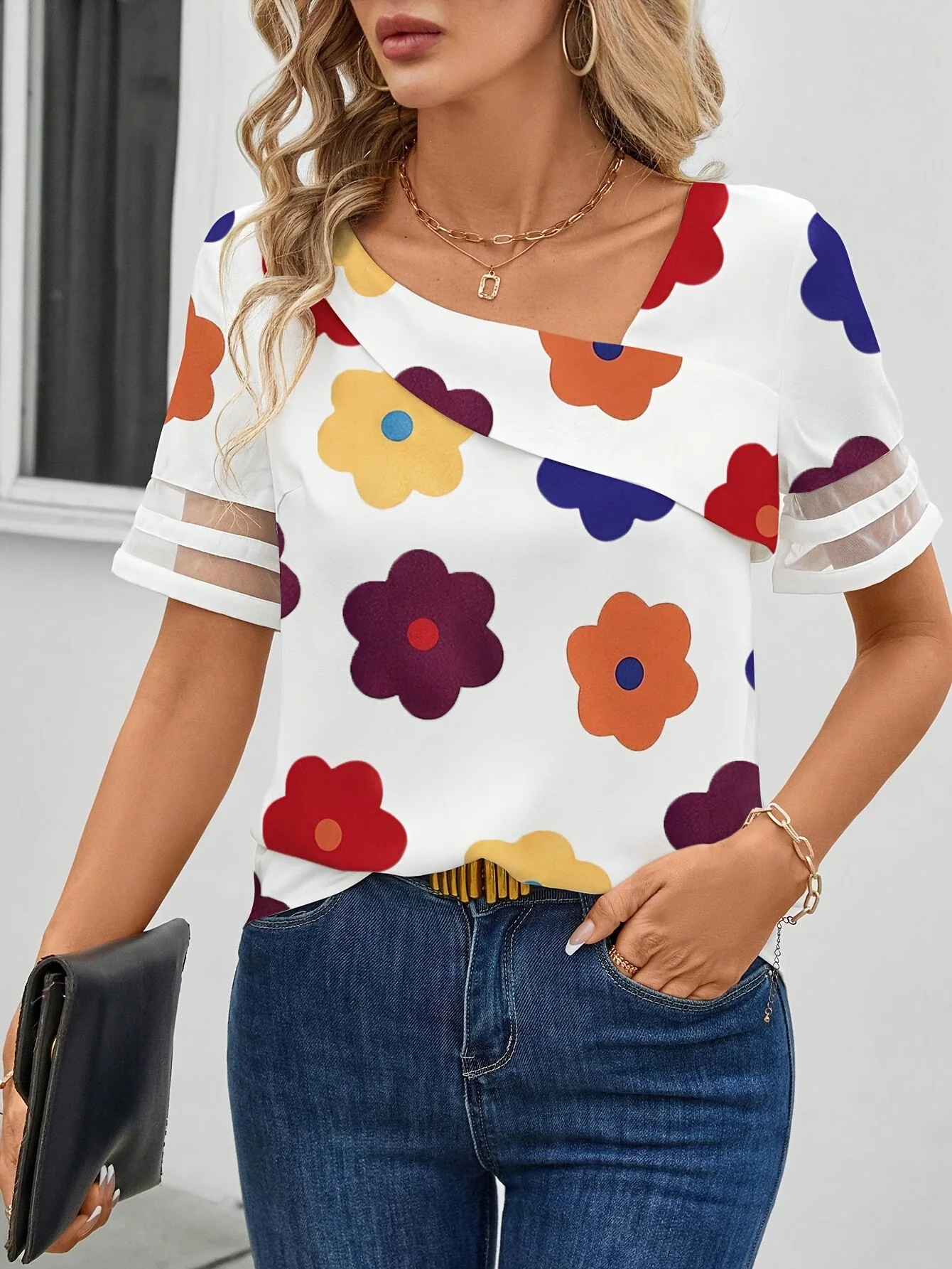 Blouse Femme Élégante à Motifs Fleurs Rétro Col Asymétrique Manches Courtes - Style Décontracté Chic - Image 10