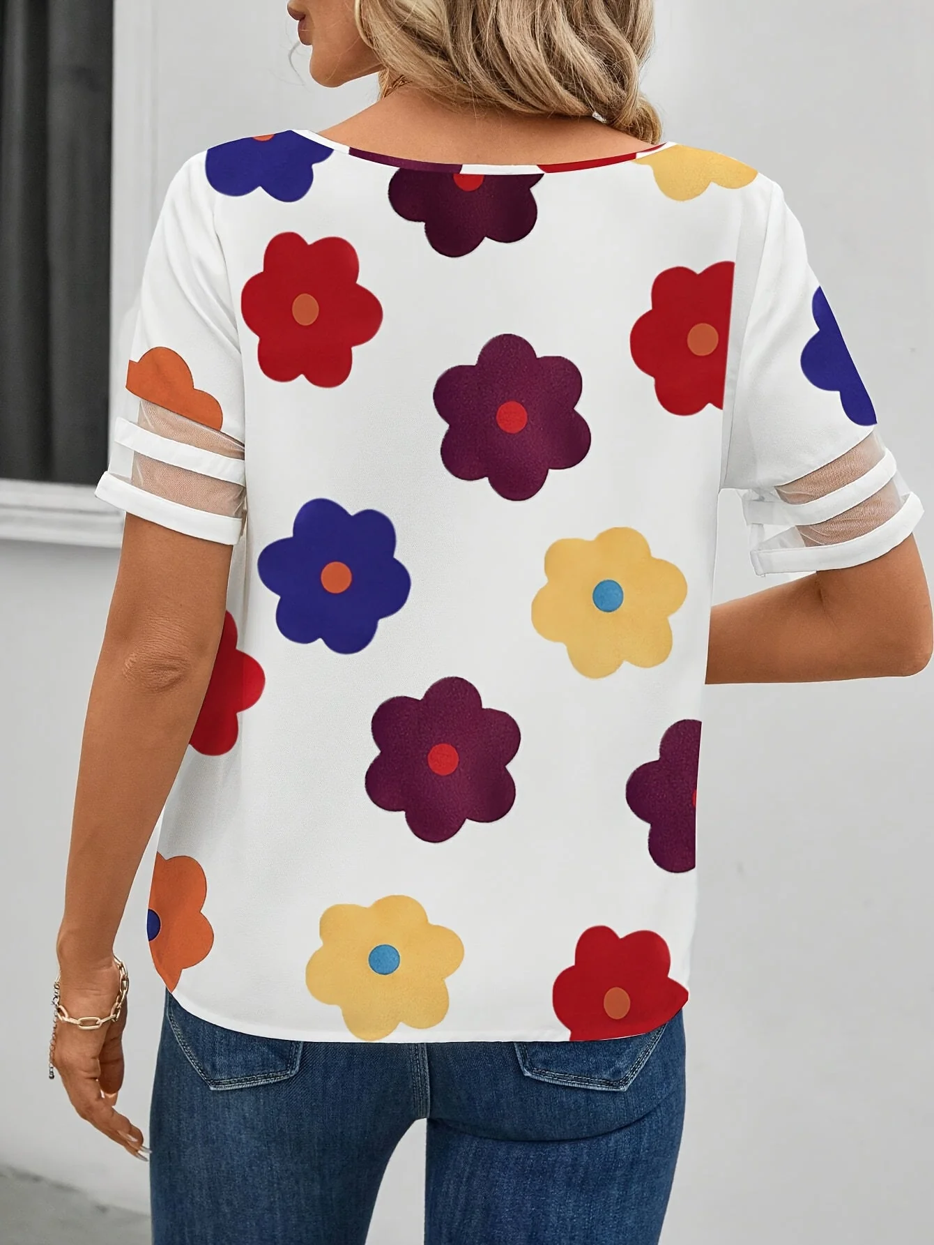 Blouse Femme Élégante à Motifs Fleurs Rétro Col Asymétrique Manches Courtes - Style Décontracté Chic - Image 4