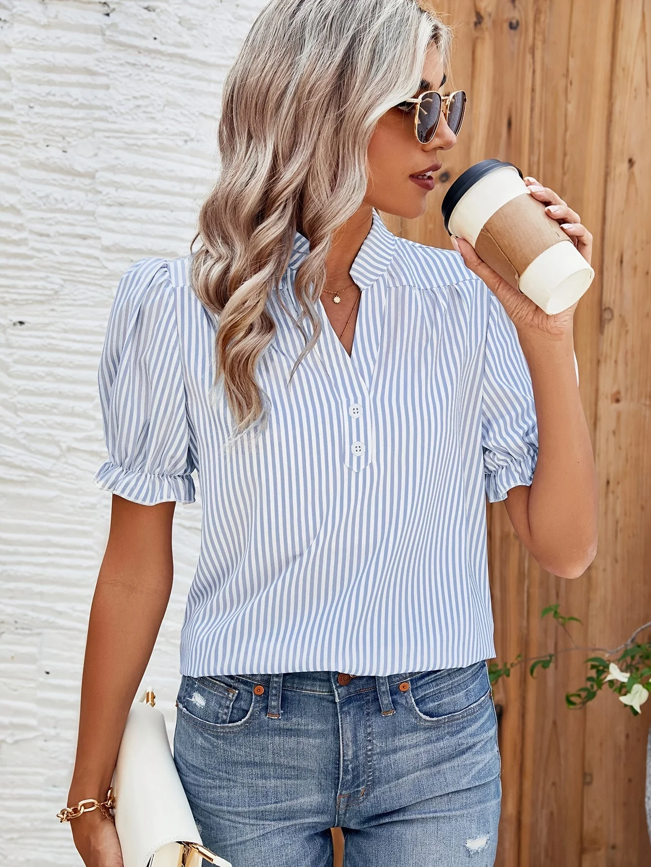 Blouse Femme Élégante à Rayures Manches Bouffantes Style Décontracté Printemps Été - Image 10