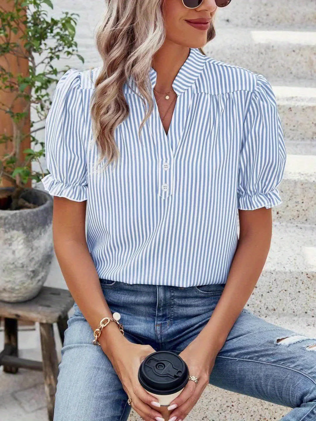 Blouse Femme Élégante à Rayures Manches Bouffantes Style Décontracté Printemps Été - Image 11