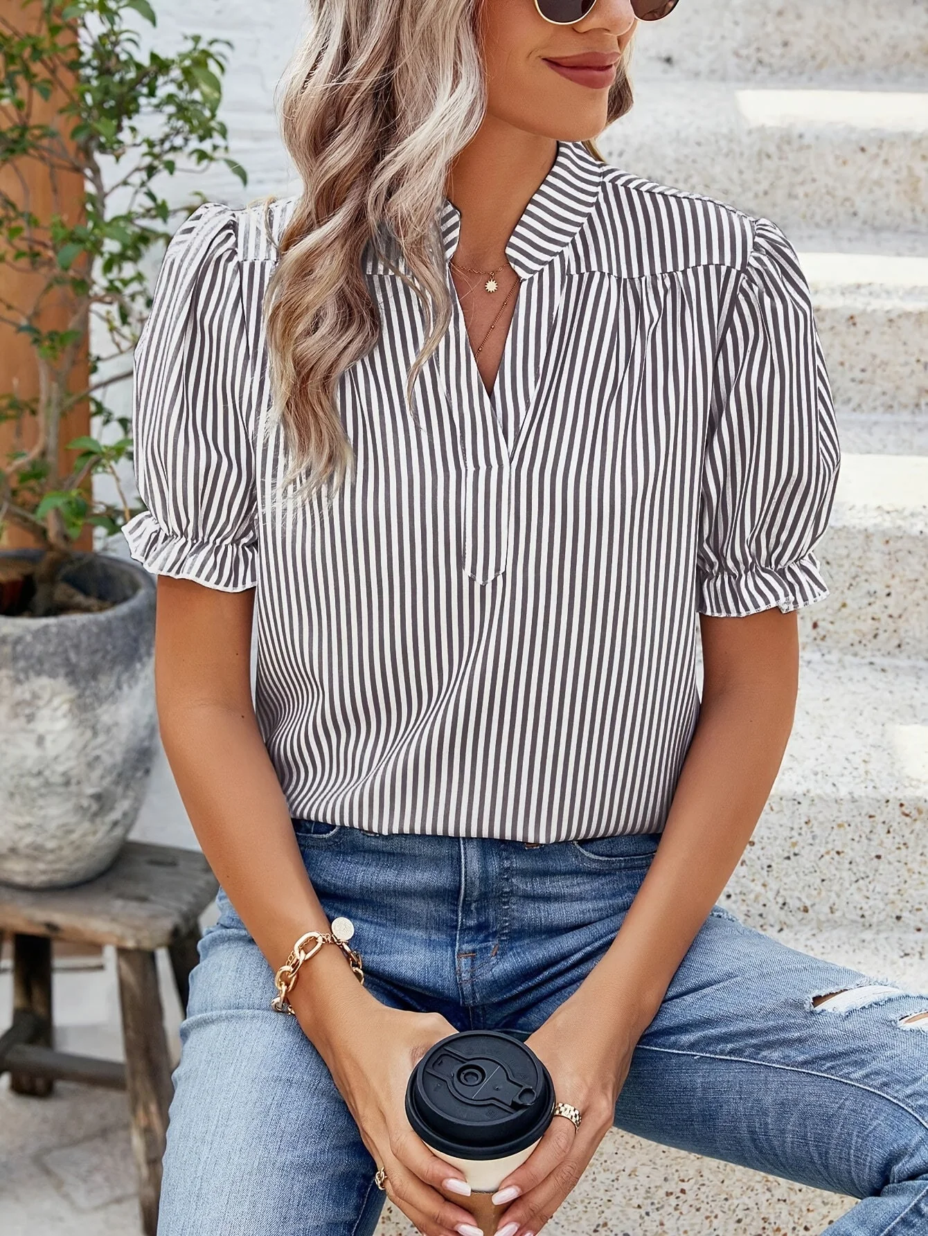 Blouse Femme Élégante à Rayures Manches Bouffantes Style Décontracté Printemps Été - Image 2