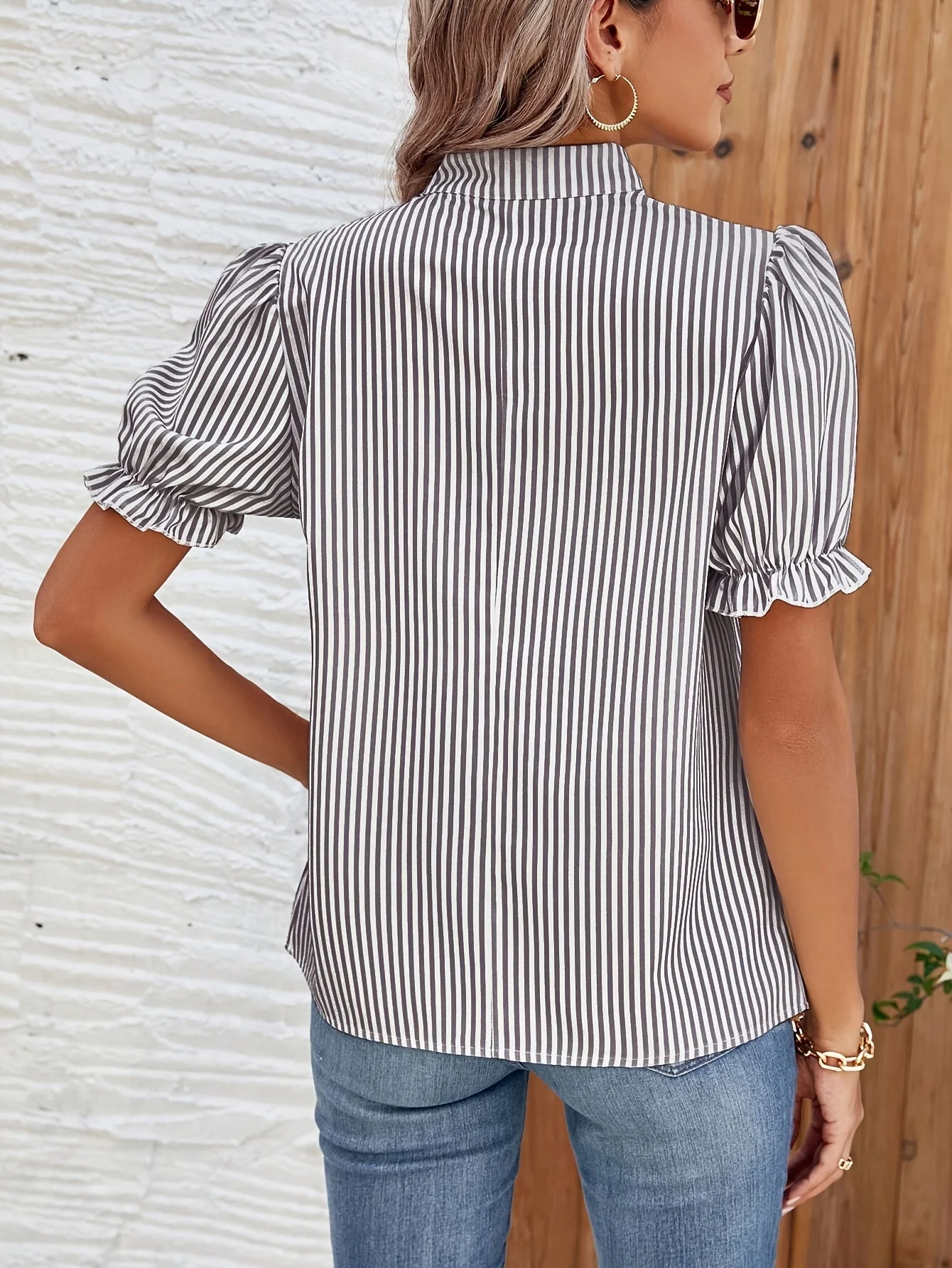 Blouse Femme Élégante à Rayures Manches Bouffantes Style Décontracté Printemps Été - Image 4