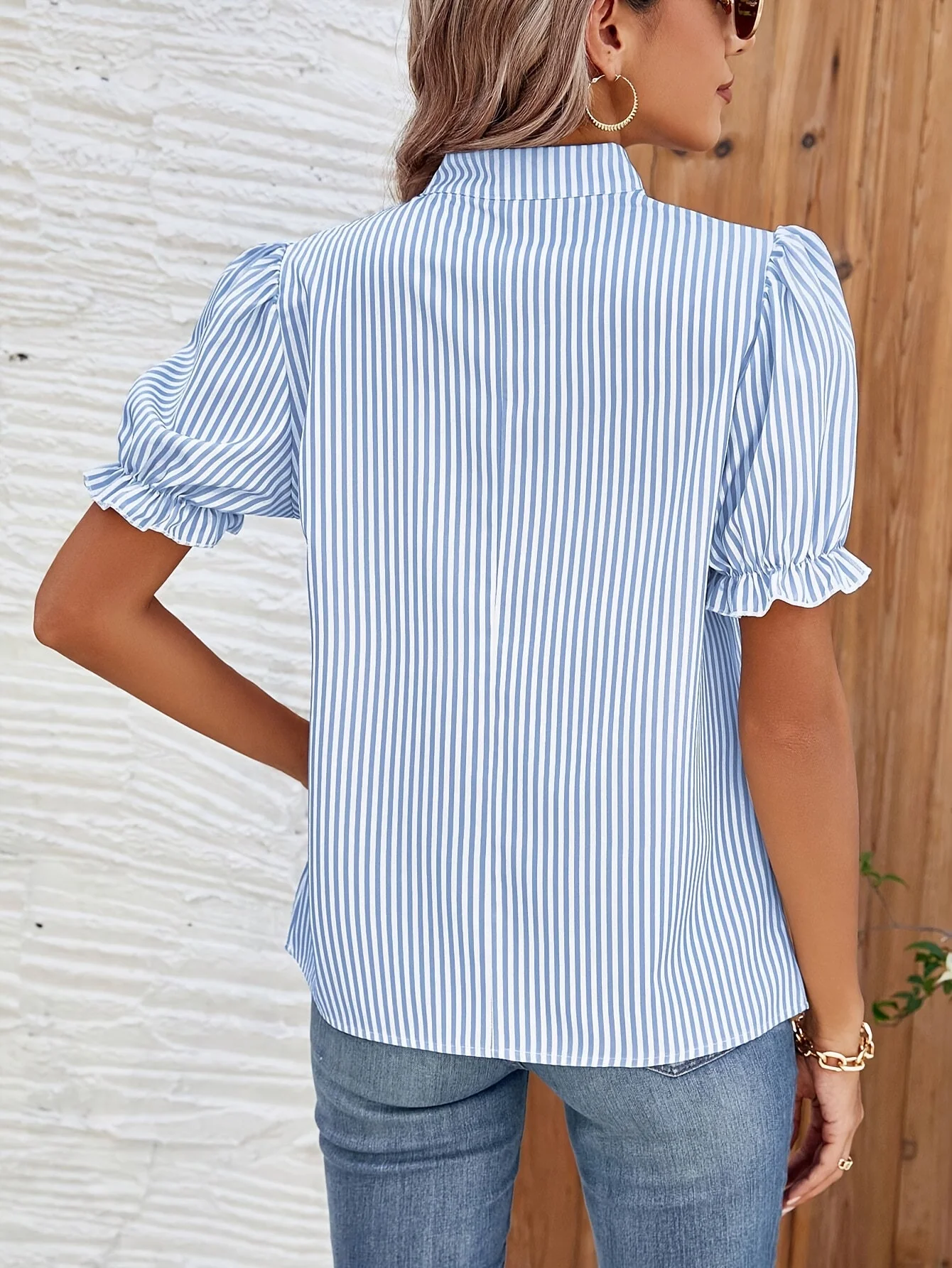 Blouse Femme Élégante à Rayures Manches Bouffantes Style Décontracté Printemps Été - Image 5