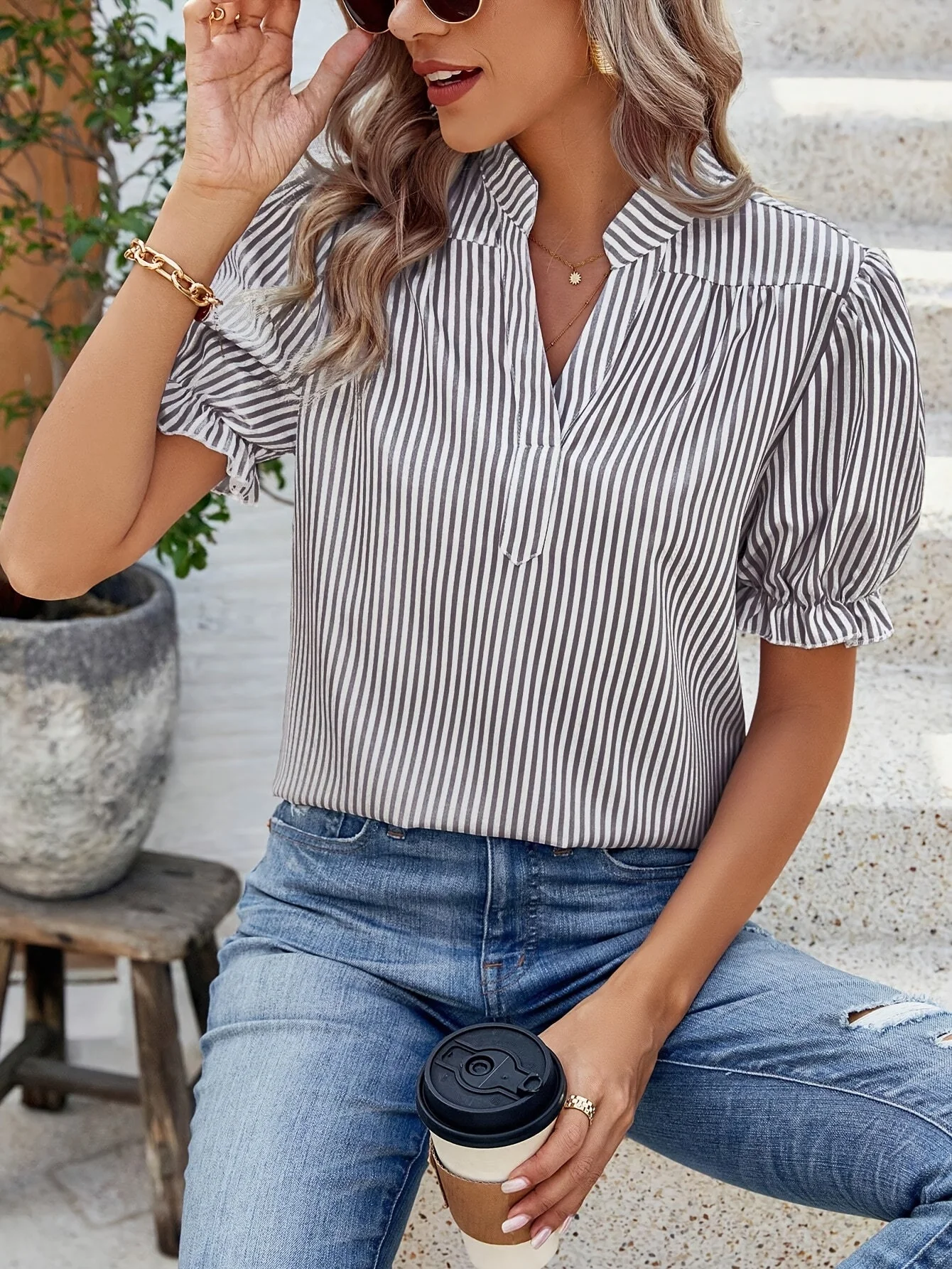 Blouse Femme Élégante à Rayures Manches Bouffantes Style Décontracté Printemps Été - Image 7