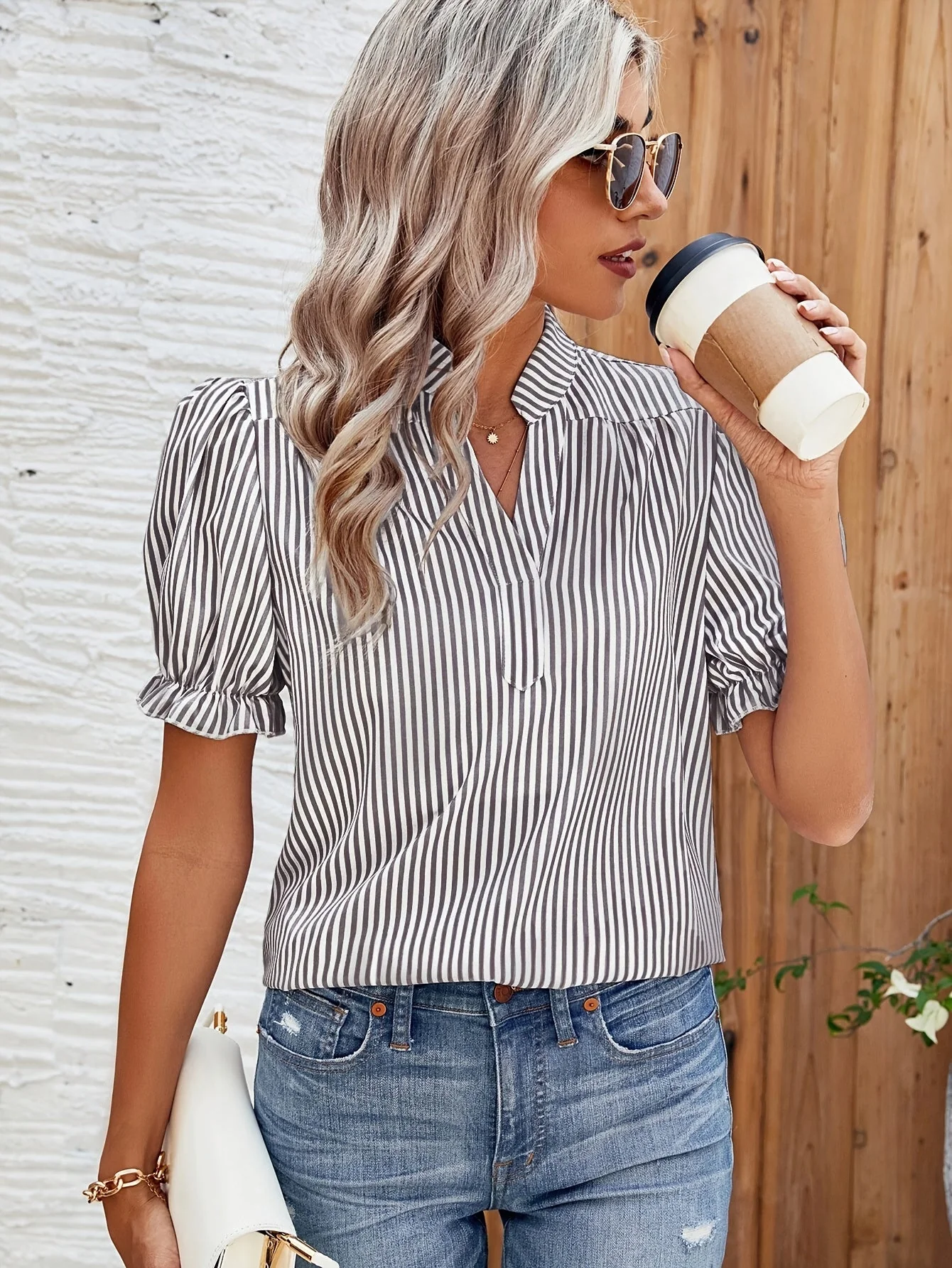 Blouse Femme Élégante à Rayures Manches Bouffantes Style Décontracté Printemps Été - Image 9