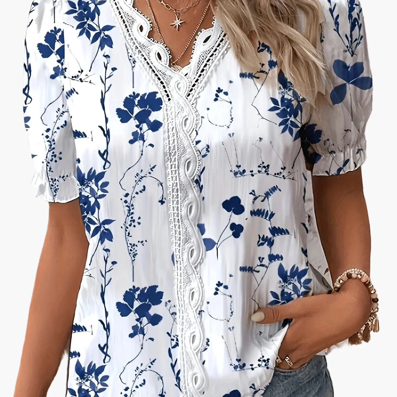 Blouse Femme Style Bohème Chic à Imprimé Floral et Dentelle – Idéale pour Printemps et Été - Image 5
